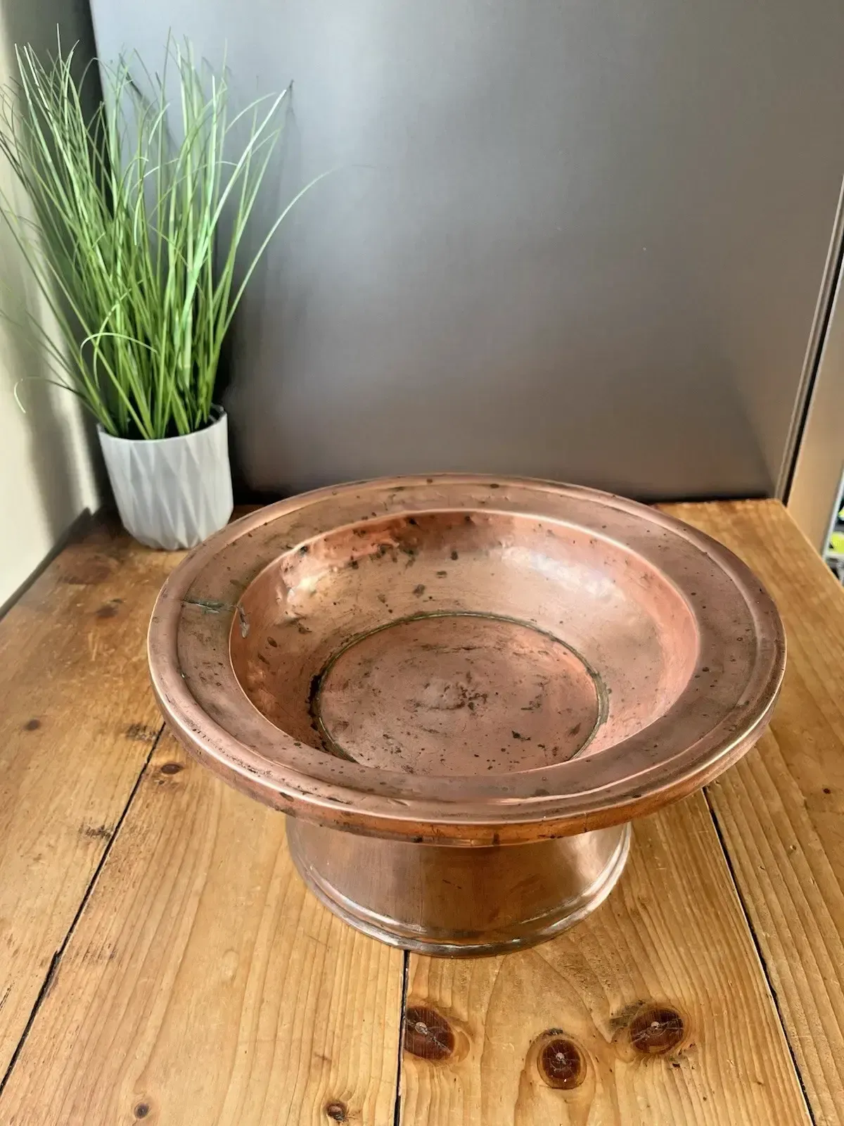 Antique Arts & Crafts Heavy Copper Pedestal Fruit Bowl Basin Tazza Stand Rustic photo vinterior