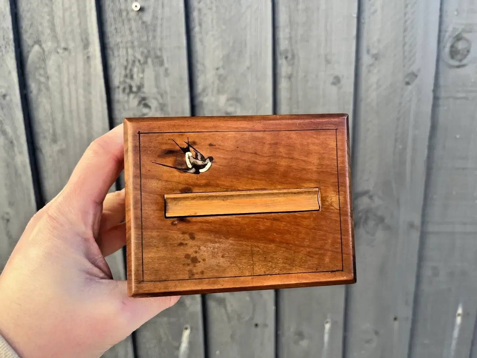 Antique Art Deco Wooden Painted Swallow Cigarette Holder Lift Dispenser Desk Box photo for sale