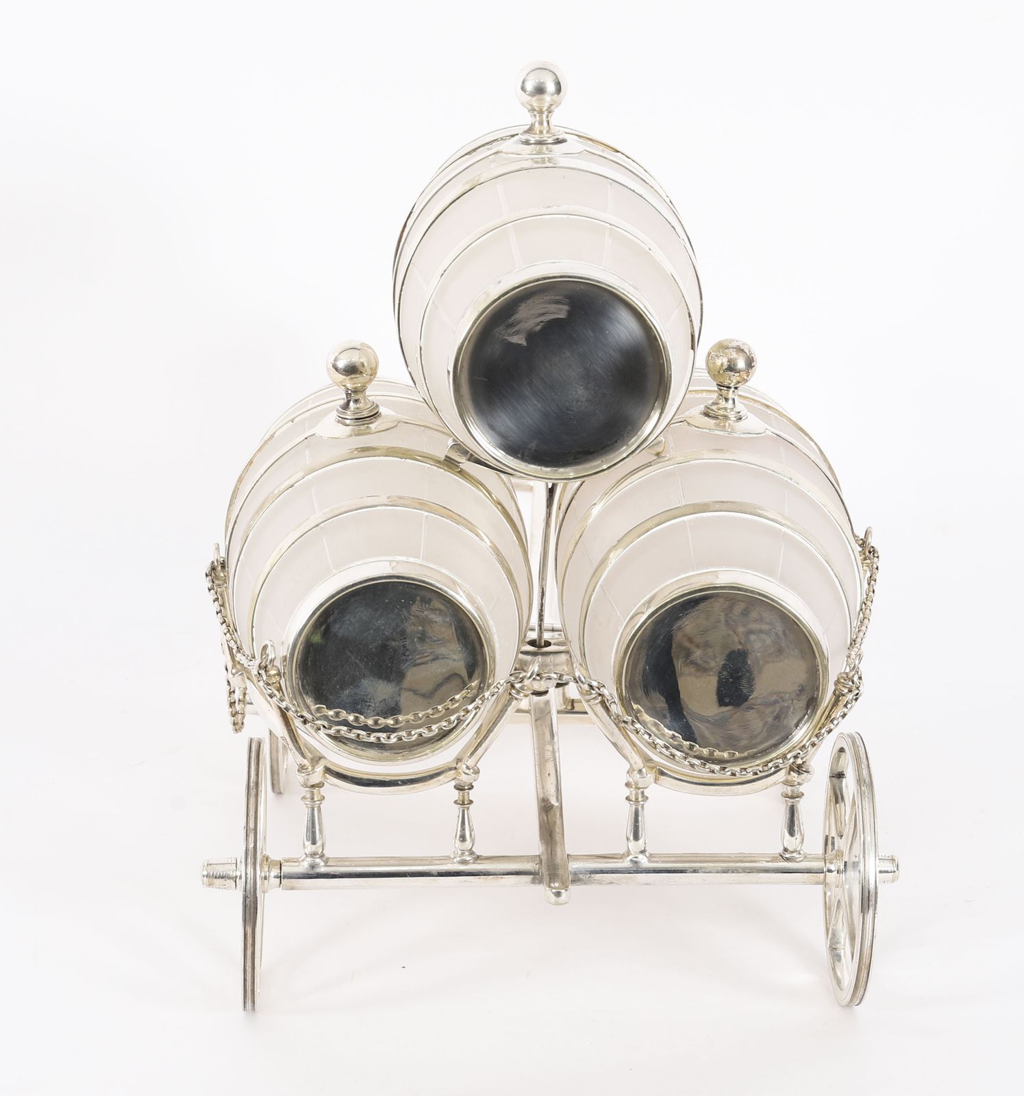 Antique Silver Plated Three Frosted Crystal Barrel Dispensers & Tot Pails 19thc photo Home Decor