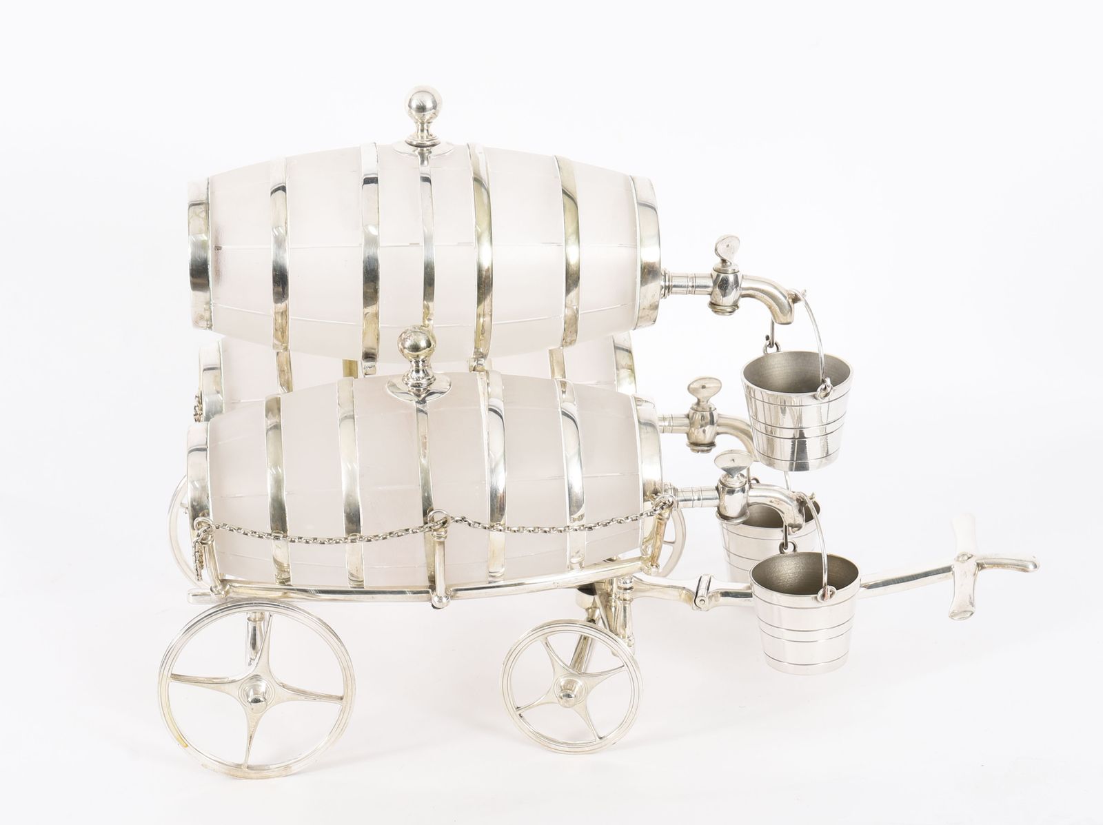 Antique Silver Plated Three Frosted Crystal Barrel Dispensers & Tot Pails 19thc photo 2500.0