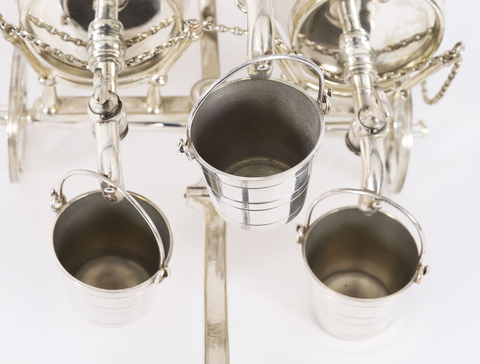 Antique Silver Plated Three Frosted Crystal Barrel Dispensers & Tot Pails 19thc photo vinterior