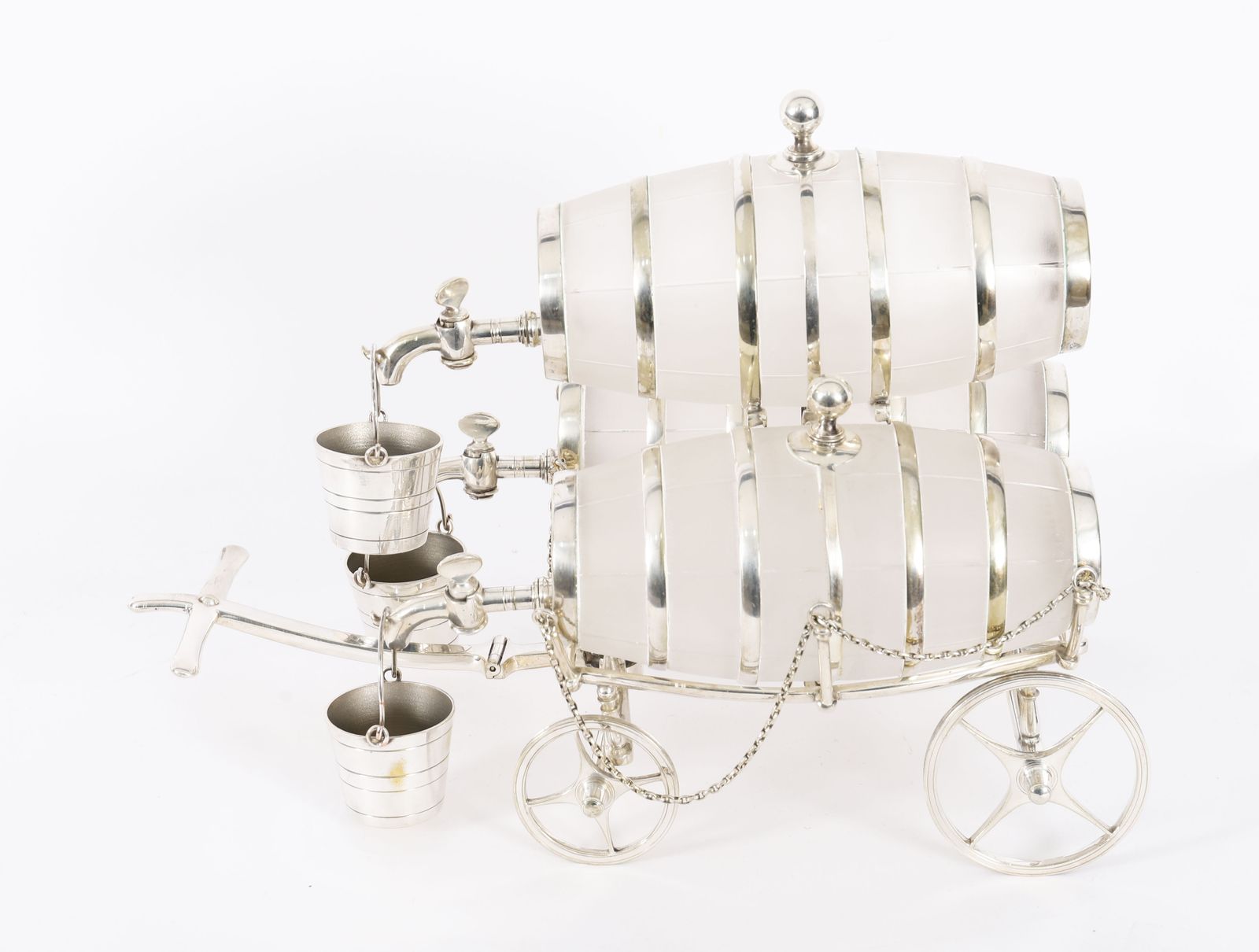 Home Decor Antique Silver Plated Three Frosted Crystal Barrel Dispensers & Tot Pails 19thc photo