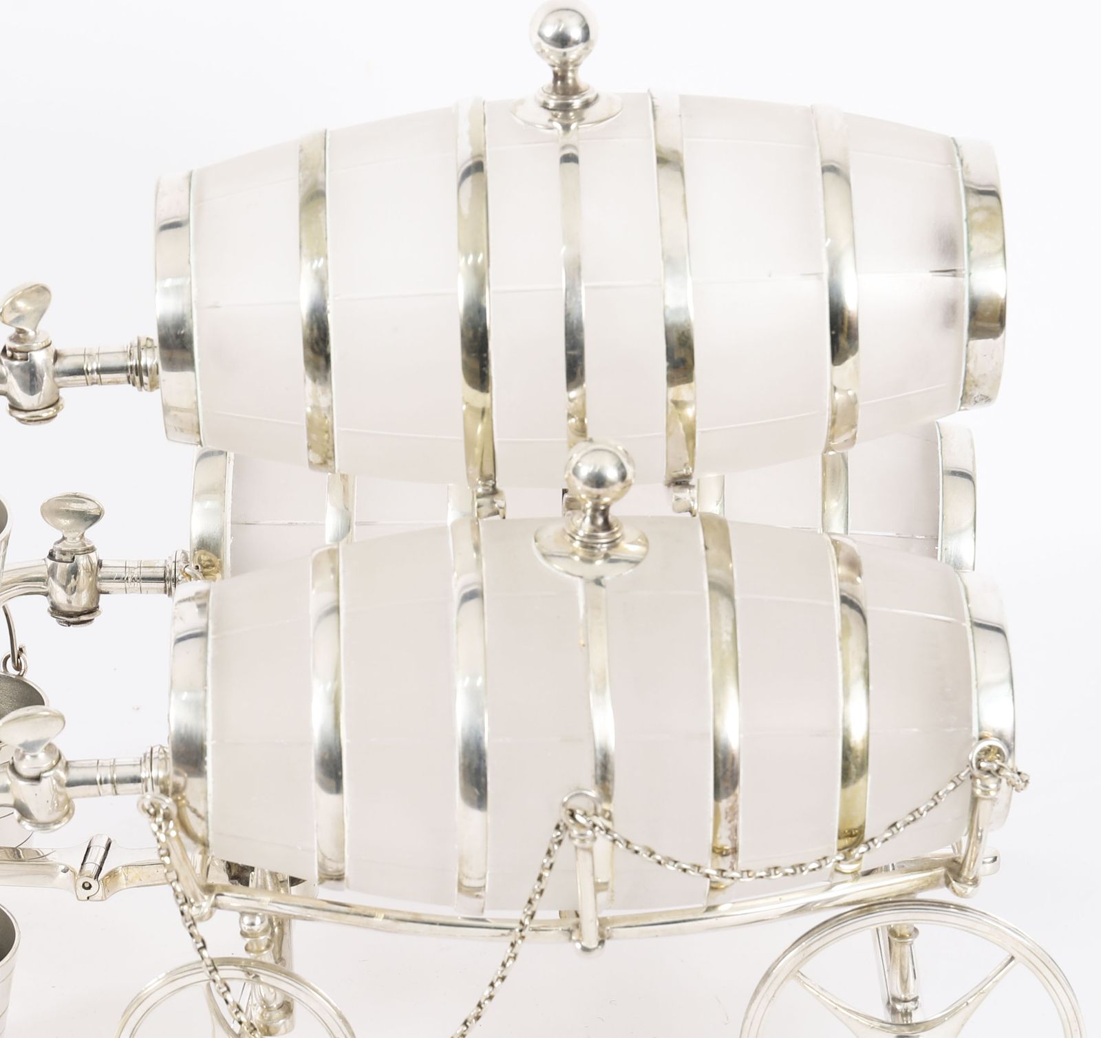 photo vinterior Antique Silver Plated Three Frosted Crystal Barrel Dispensers & Tot Pails 19thc