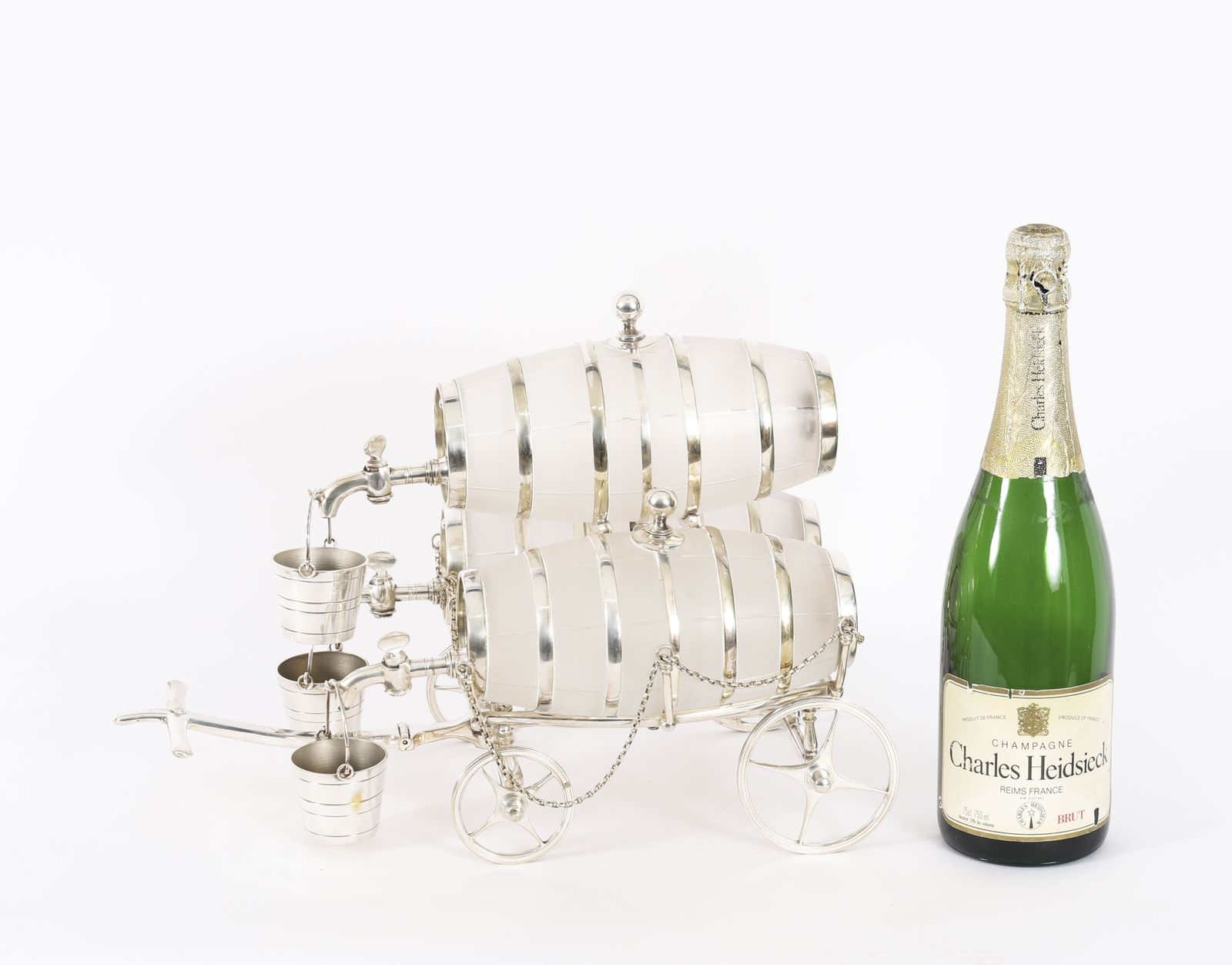 photo vintage Antique Silver Plated Three Frosted Crystal Barrel Dispensers & Tot Pails 19thc