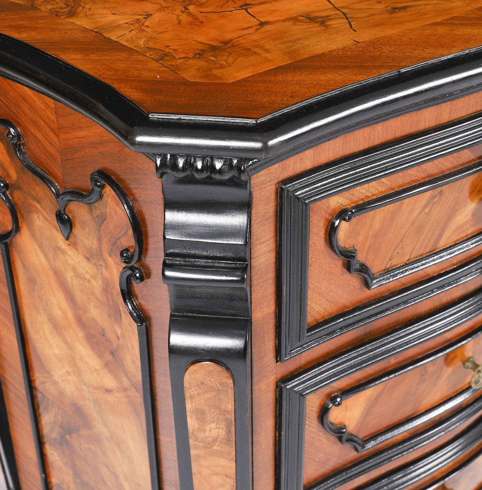 photo for sale Antique Pair Italian Burr  Walnut Serpentine Bedside Chests 18th C