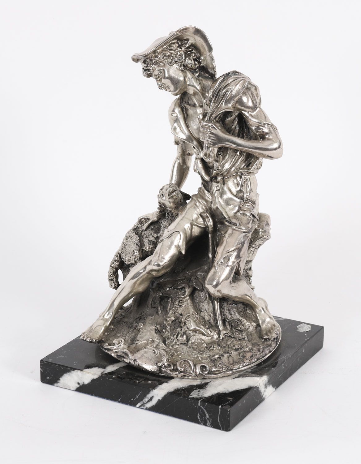 Antique Italian Silvered Bronze Sculpture Shepherd And Lamb 19th C