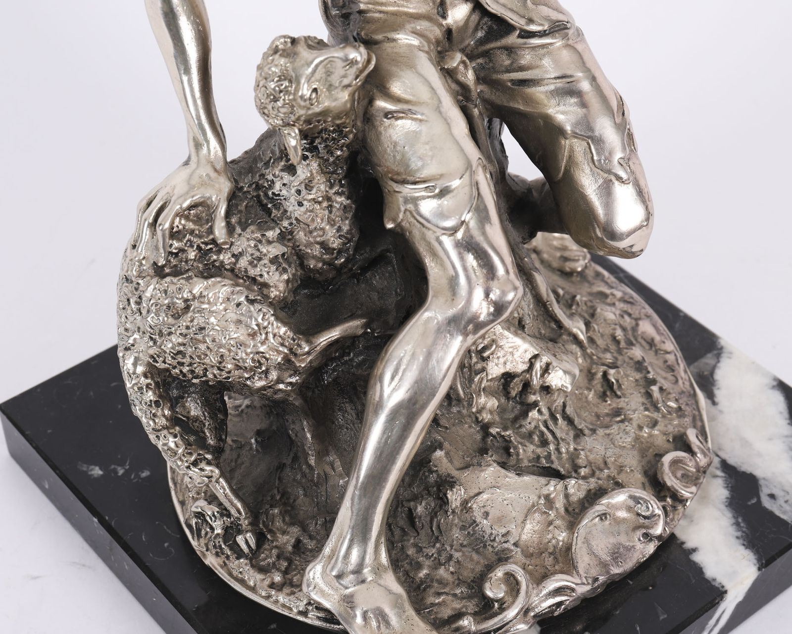 Antique Italian Silvered Bronze Sculpture Shepherd And Lamb 19th C photo vintage