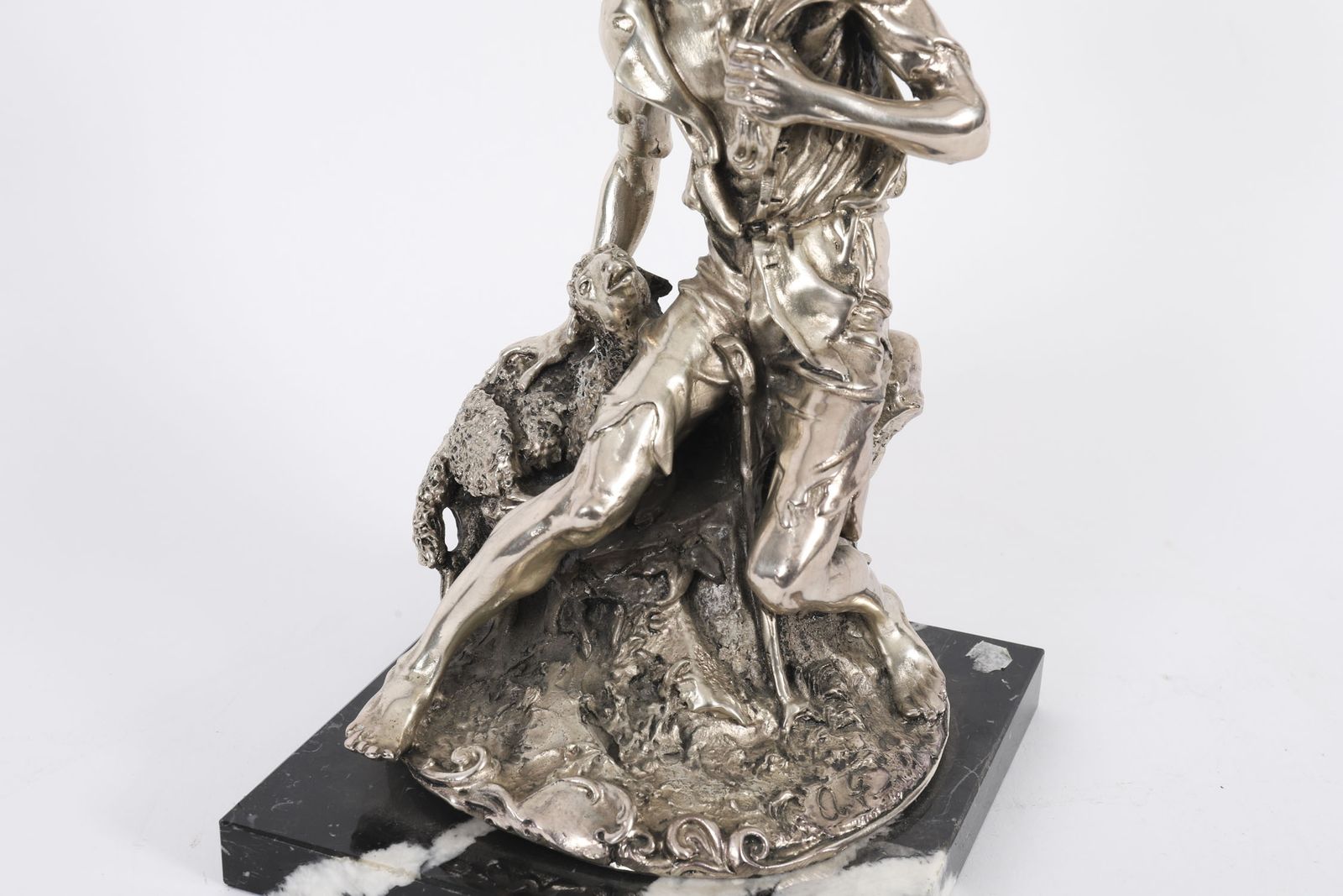 photo for sale Antique Italian Silvered Bronze Sculpture Shepherd And Lamb 19th C