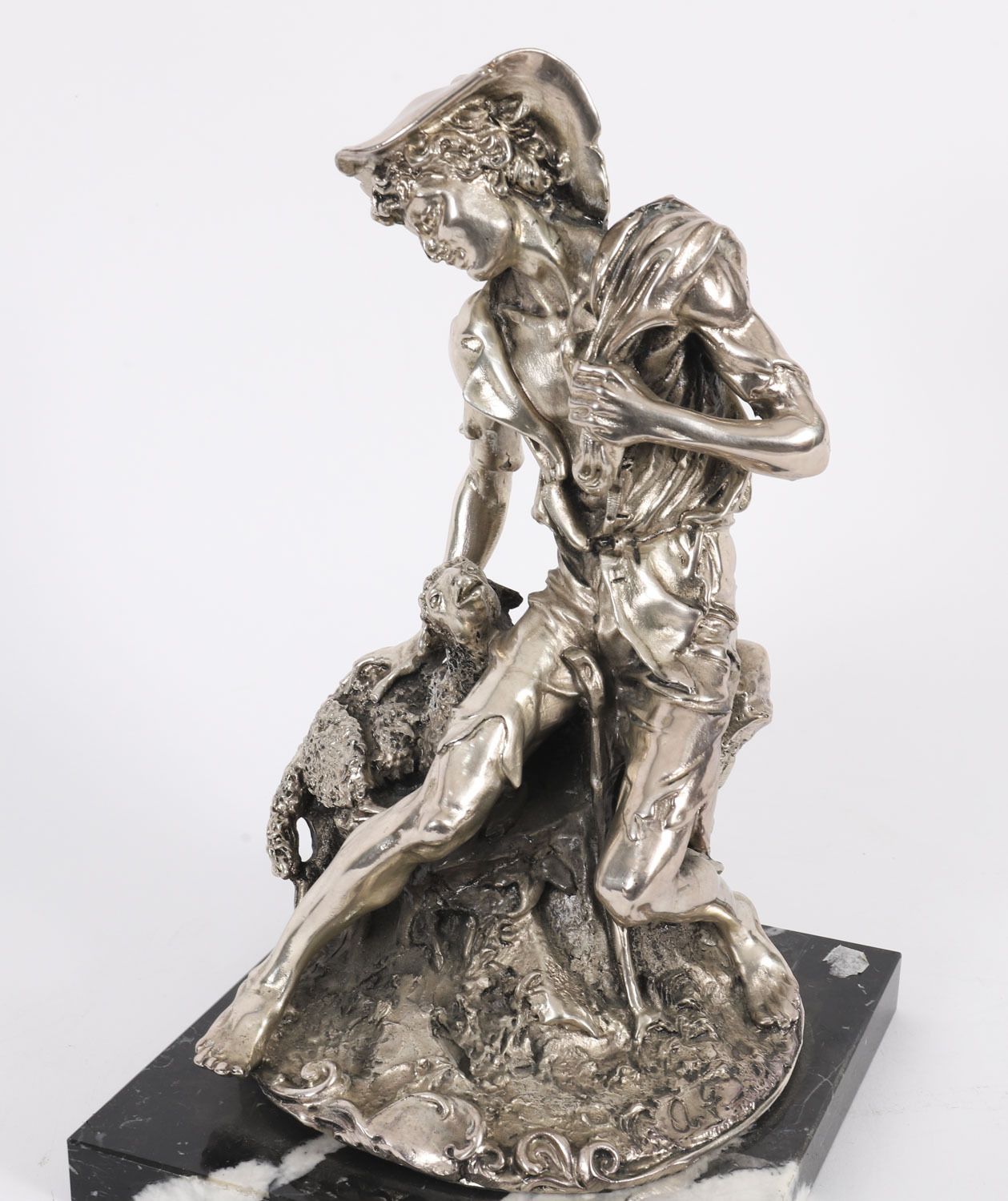 875.0 Antique Italian Silvered Bronze Sculpture Shepherd And Lamb 19th C photo