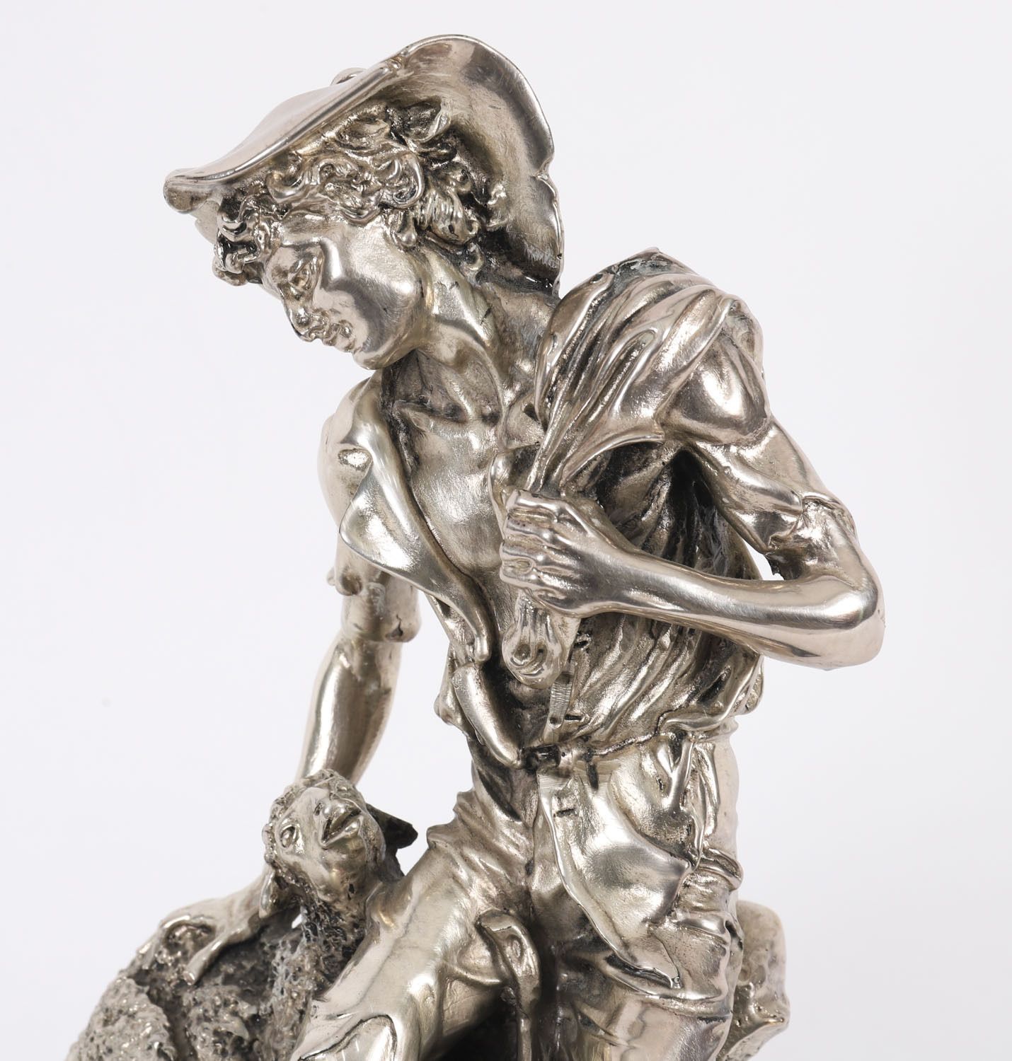 photo vinterior Antique Italian Silvered Bronze Sculpture Shepherd And Lamb 19th C