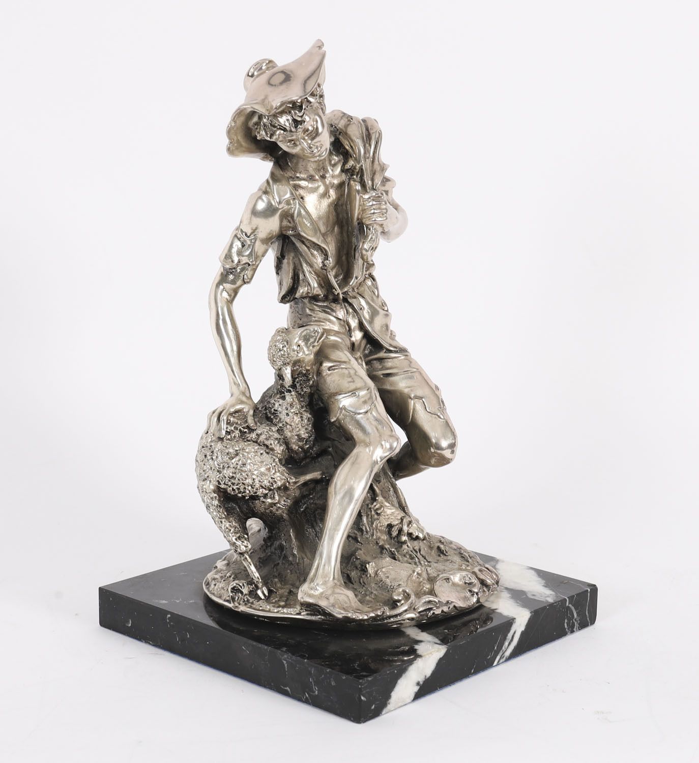 photo vintage Antique Italian Silvered Bronze Sculpture Shepherd And Lamb 19th C