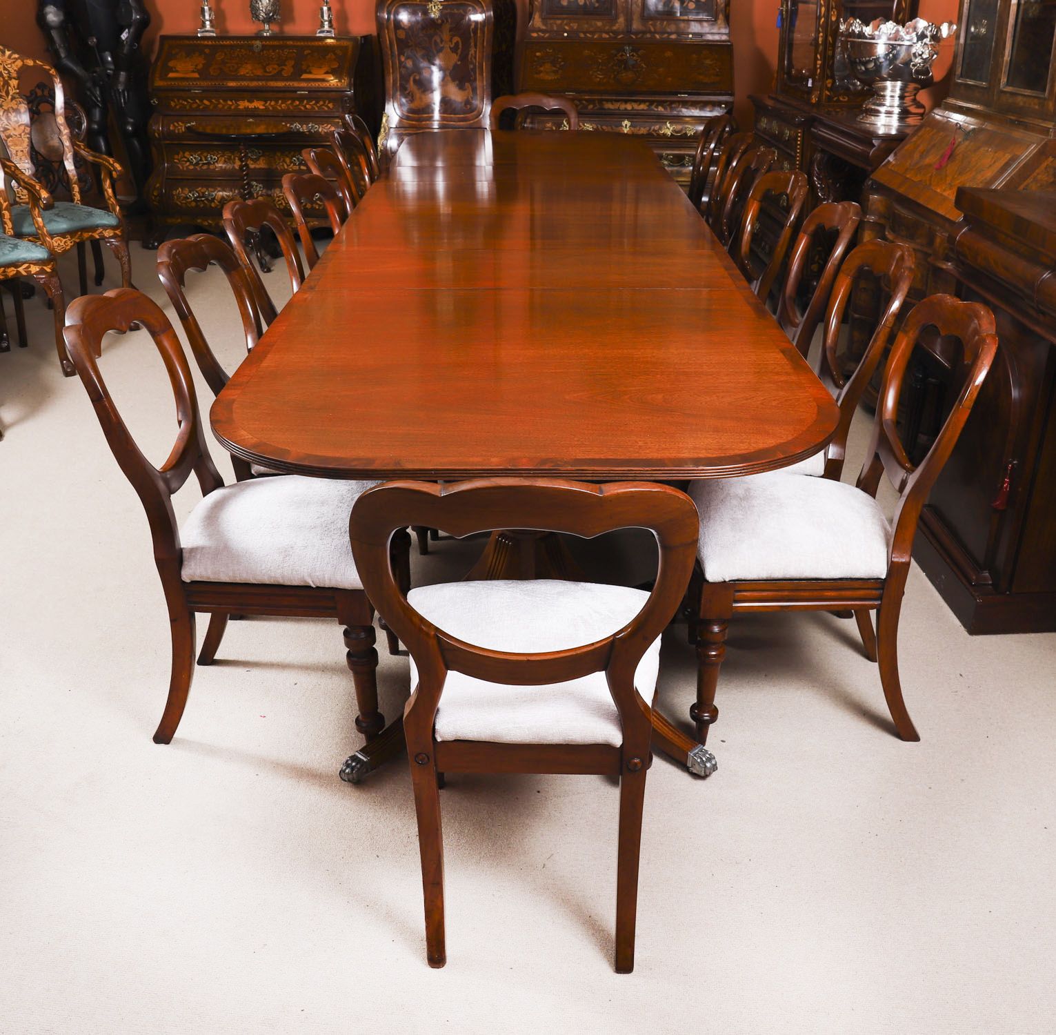 13ft Regency Triple Pillar Dining Table 20th C & 16 Antiquechairs 19th C photo furniture