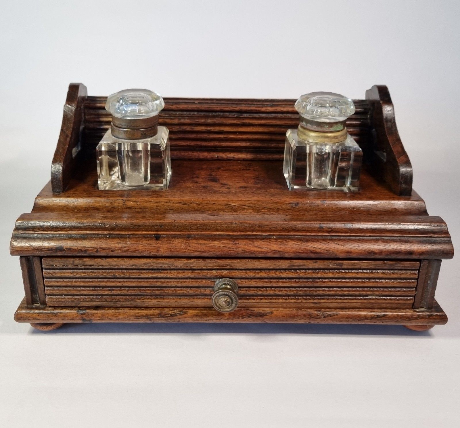 Antique Wooden Galleried Desk Tidy Glass Inkwells Drawer Stationary Stand Box