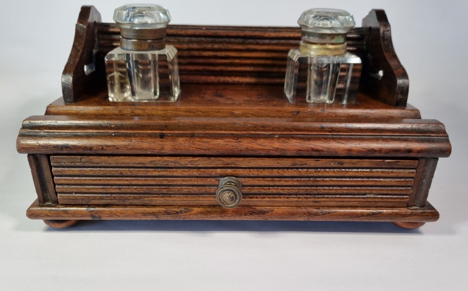 Antique Wooden Galleried Desk Tidy Glass Inkwells Drawer Stationary Stand Box photo Home Decor