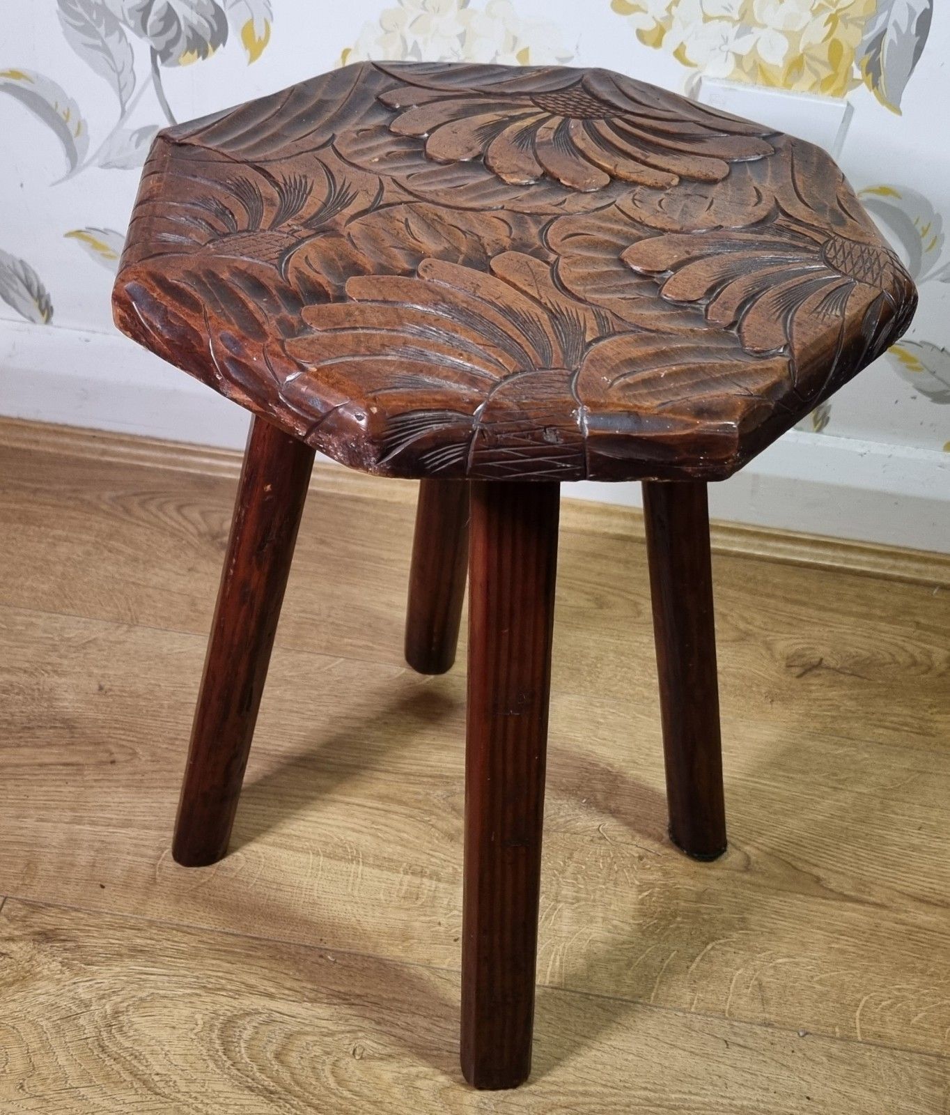 Vintage Wooden Stool Stand Arts & Crafts Libertys Japanese Floral Carved Top photo buy