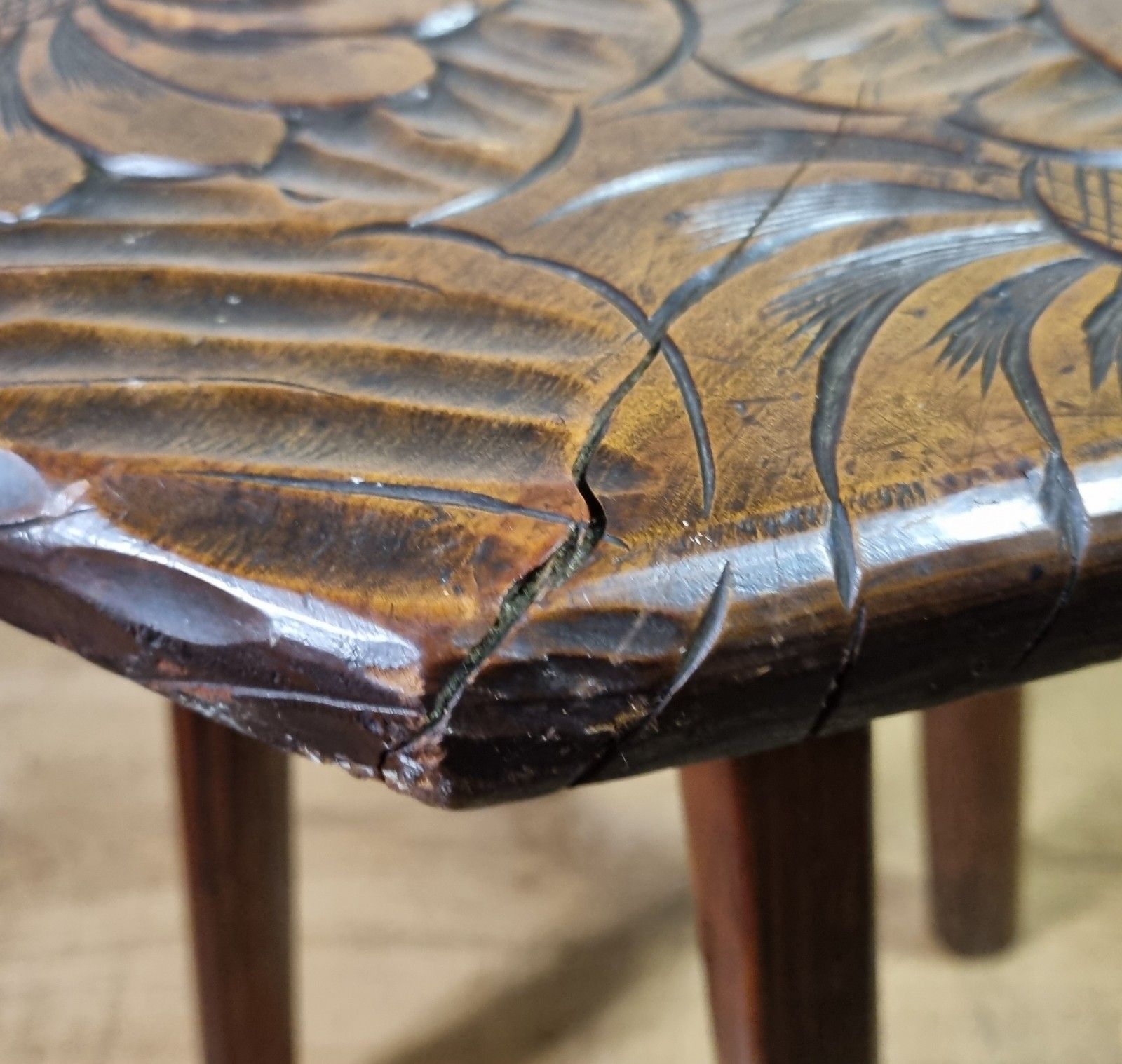 photo for sale Vintage Wooden Stool Stand Arts & Crafts Libertys Japanese Floral Carved Top
