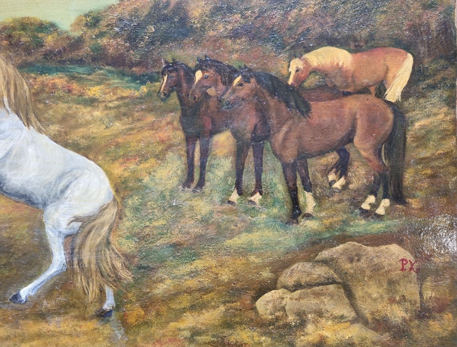 Large Vintage Oil Painting On Canvas Horses On Moorland Landscape Mid Century photo buy