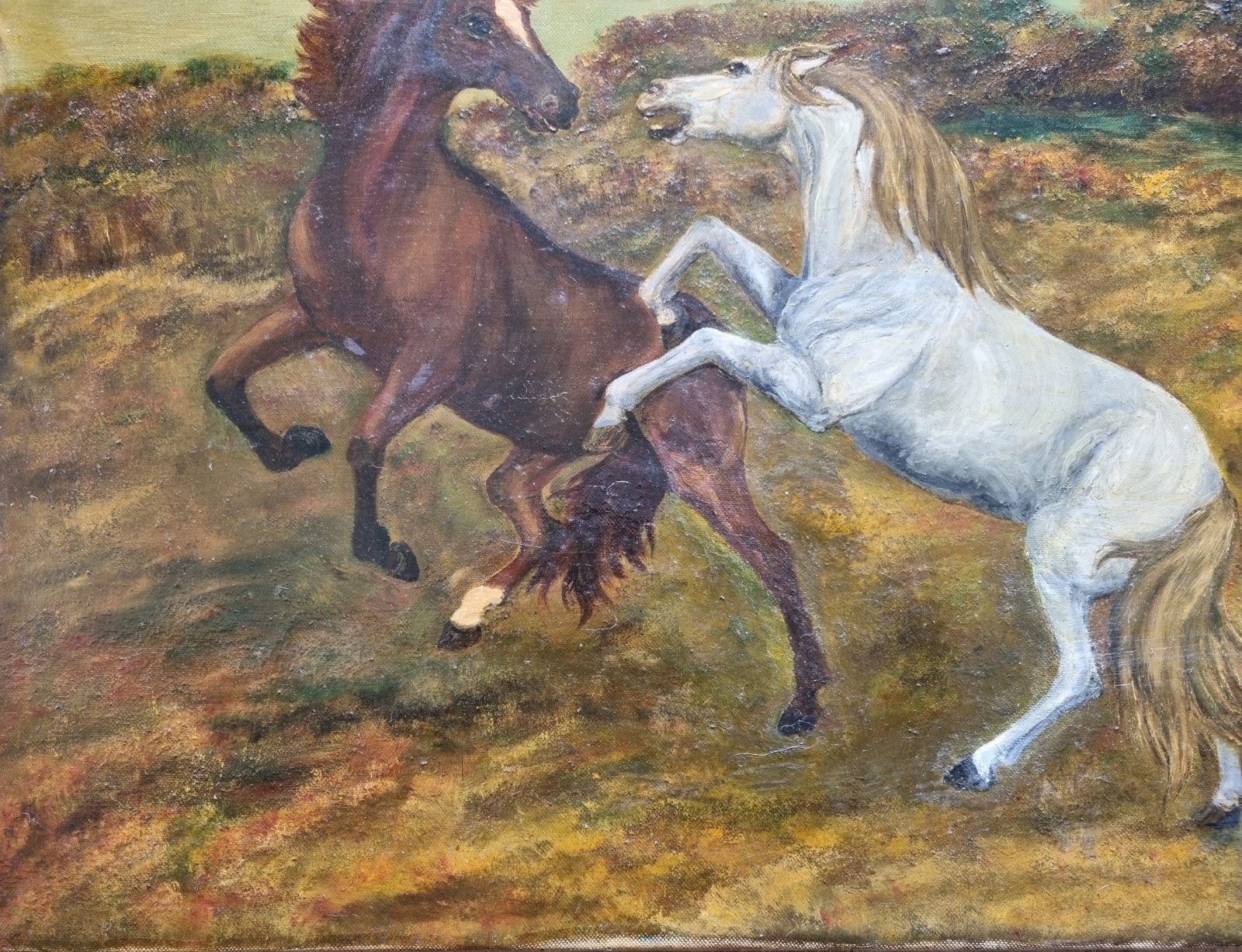 Large Vintage Oil Painting On Canvas Horses On Moorland Landscape Mid Century photo vintage