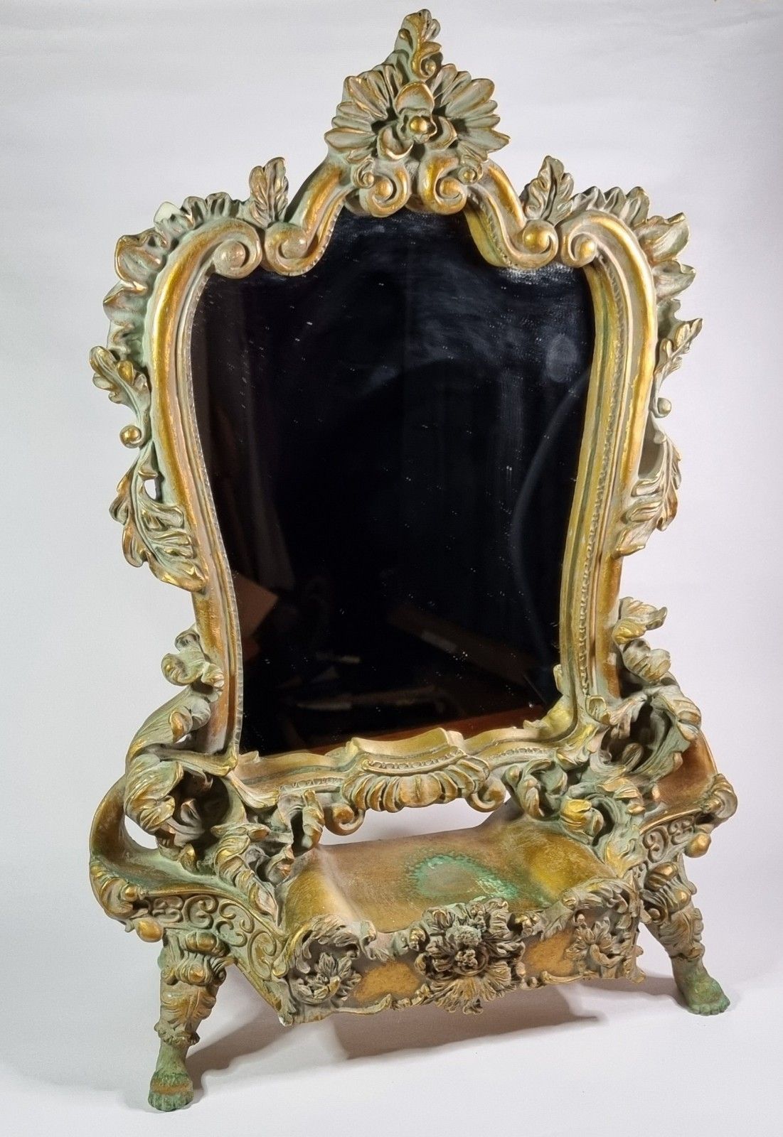 Small Ornate Gold Resin Dressing Table Mirror Freestanding Paw Feet Rococo Style photo furniture
