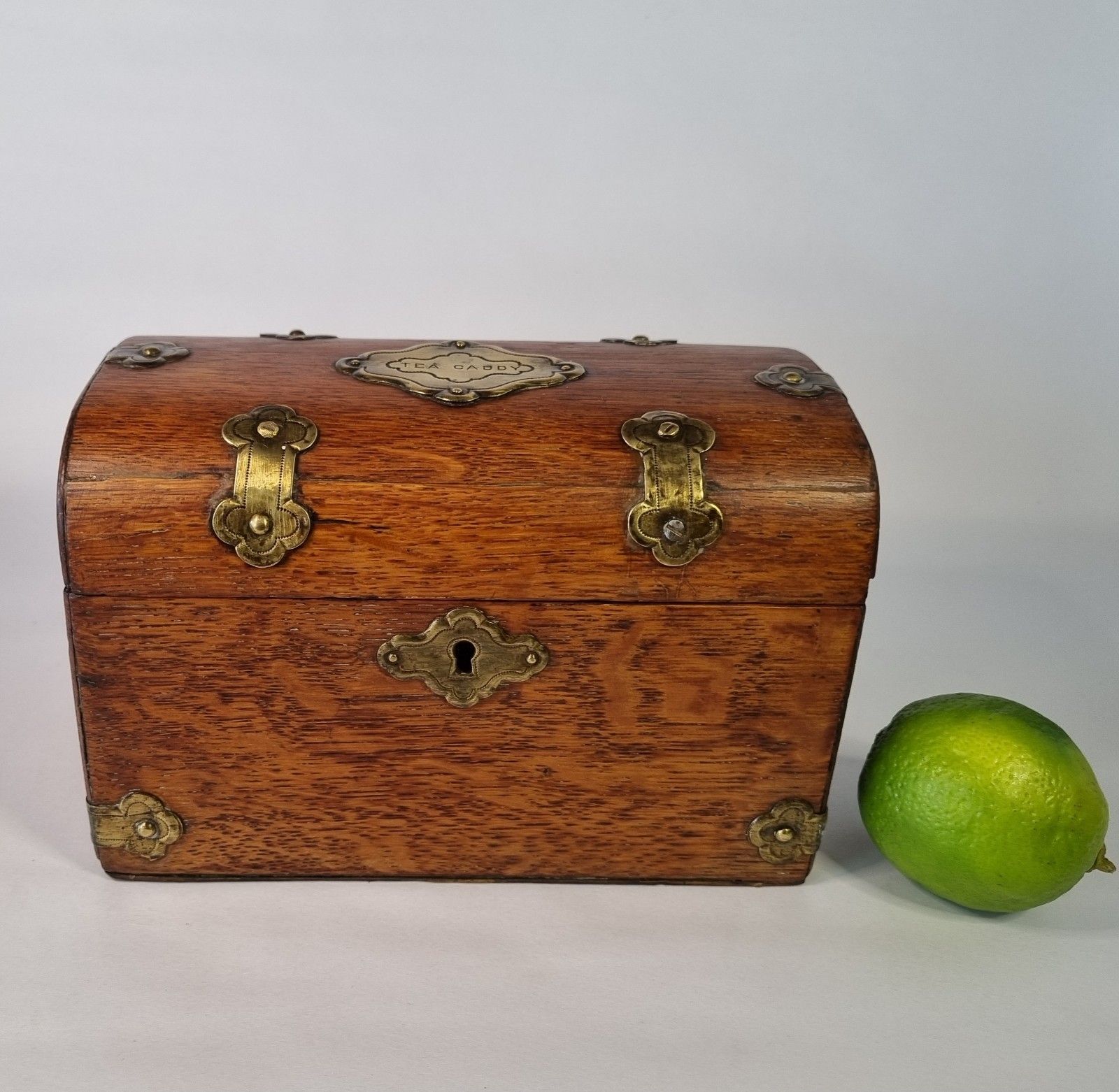Small Antique Tea Caddy Wooden With Brass Mounts Domed Top Two Compartments