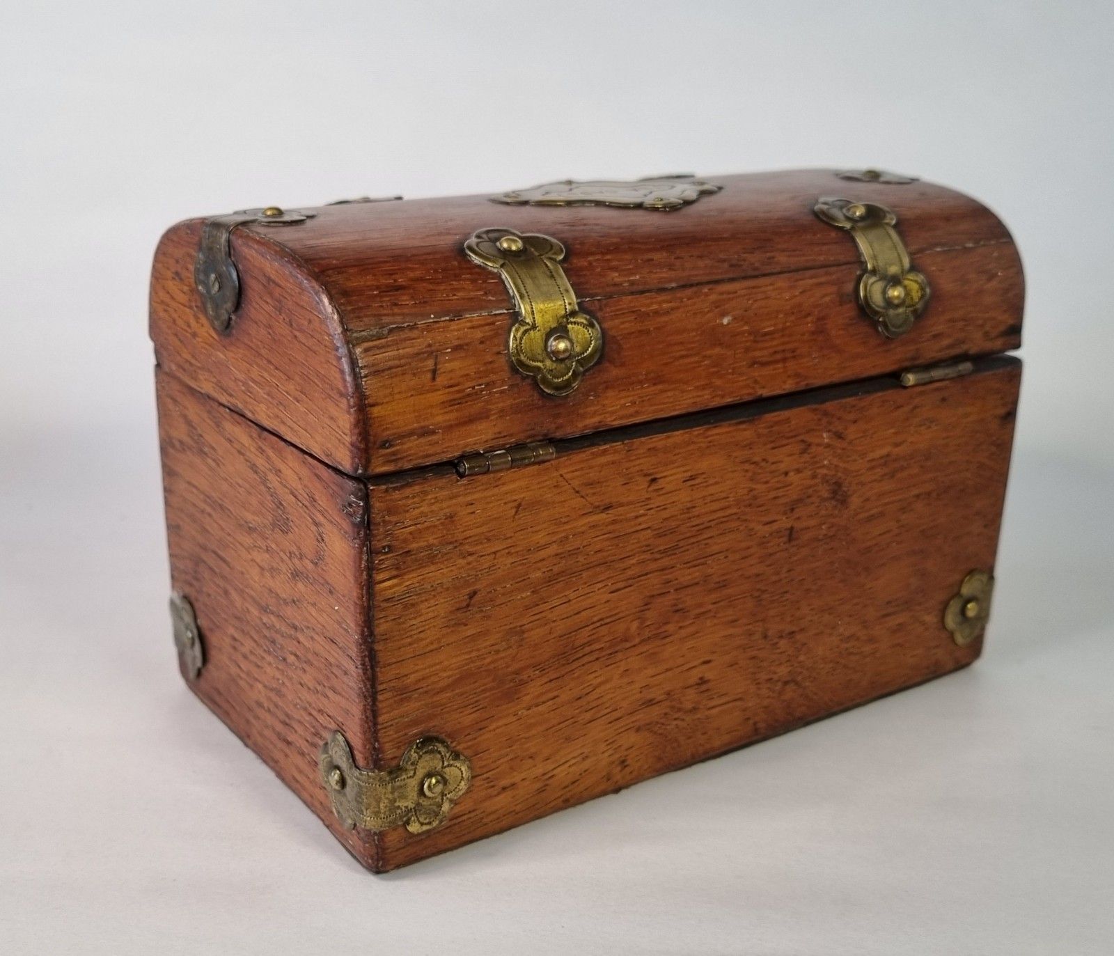 Small Antique Tea Caddy Wooden With Brass Mounts Domed Top Two Compartments photo vinterior