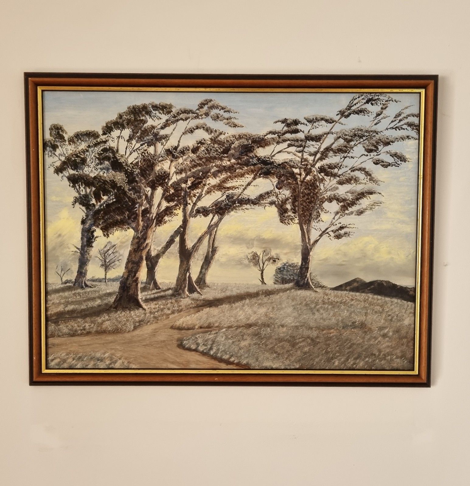 Framed Painting Oil On Board Landscape Trees On Hilltop Unsigned 41 X 54 Cm