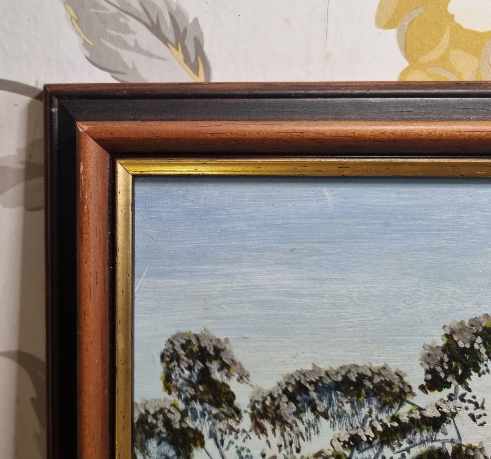 photo for sale Framed Painting Oil On Board Landscape Trees On Hilltop Unsigned 41 X 54 Cm