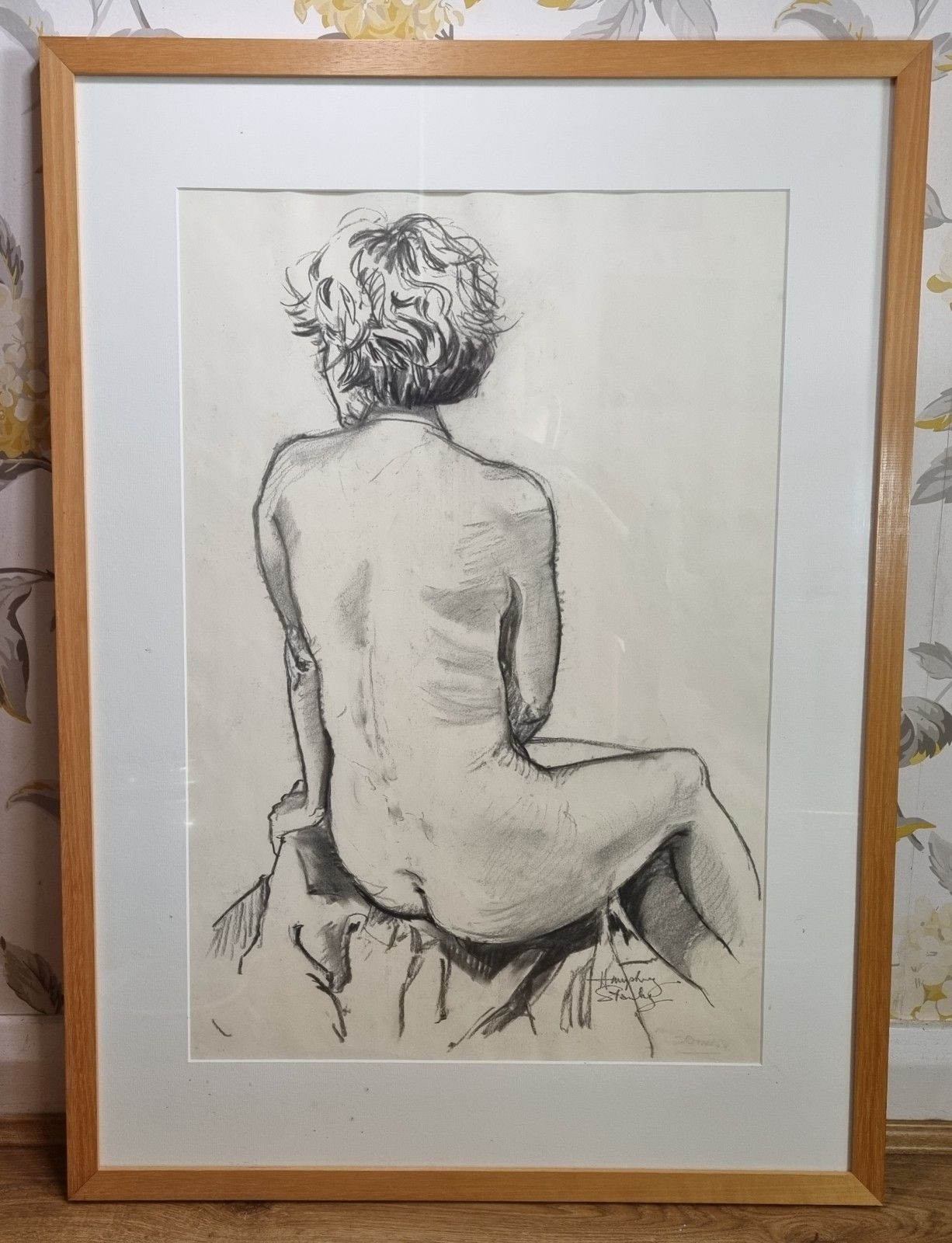Large Framed Original Charcoal On Paper Life Drawing Nude Woman Female Signed