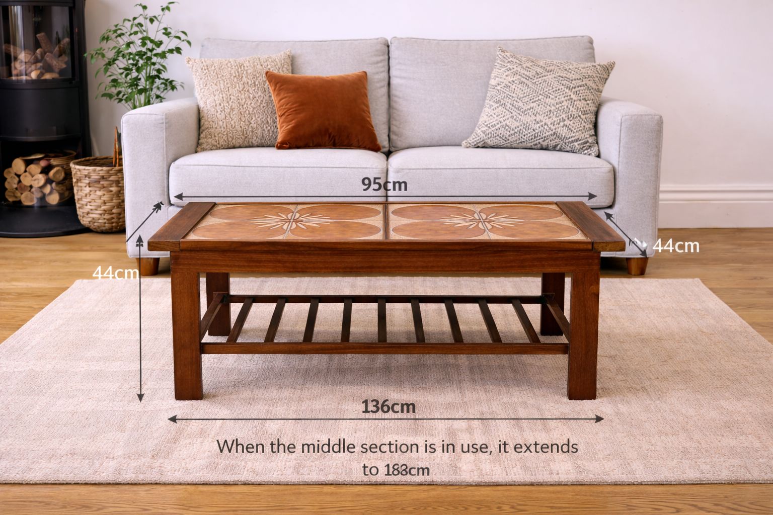 Mid Century Coffee Table – Teak Wood Floral Ceramic Tile Design & Lower Shelf photo for sale