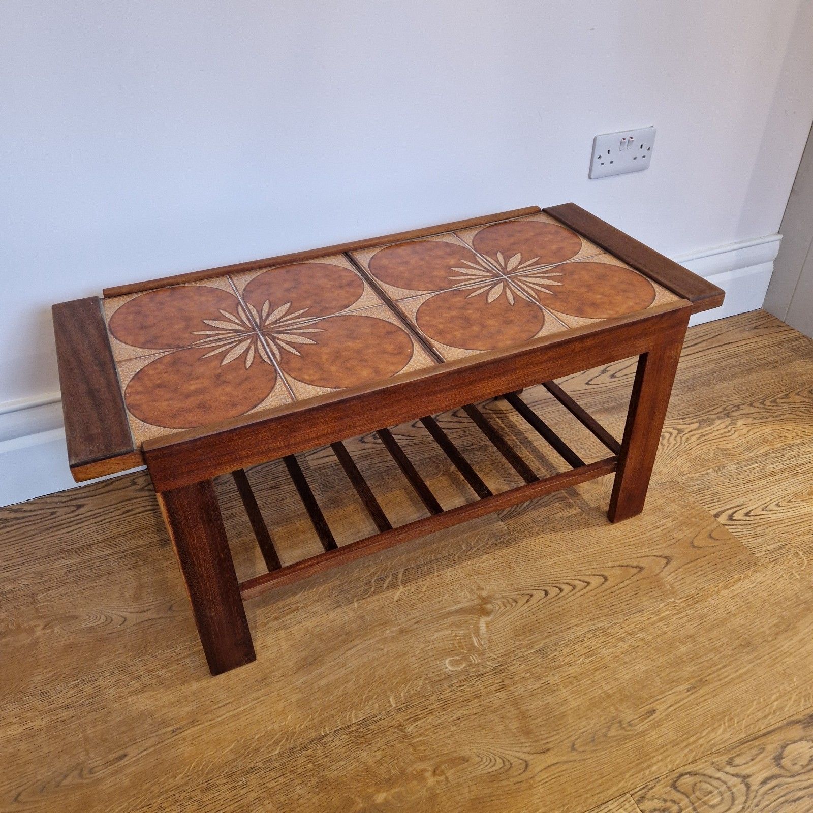 Mid Century Coffee Table – Teak Wood Floral Ceramic Tile Design & Lower Shelf photo Furniture