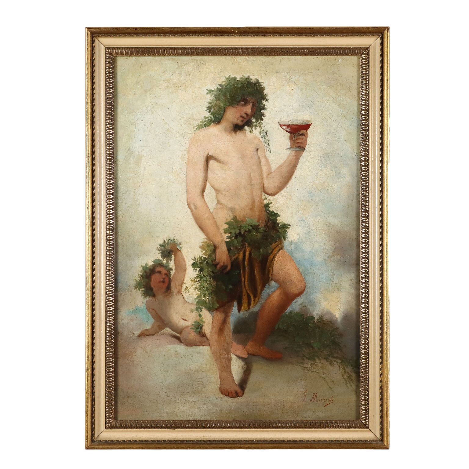 Ancient Painting G. Muzzioli '800 Portrait Drunk Baccus Oil On Canvas
