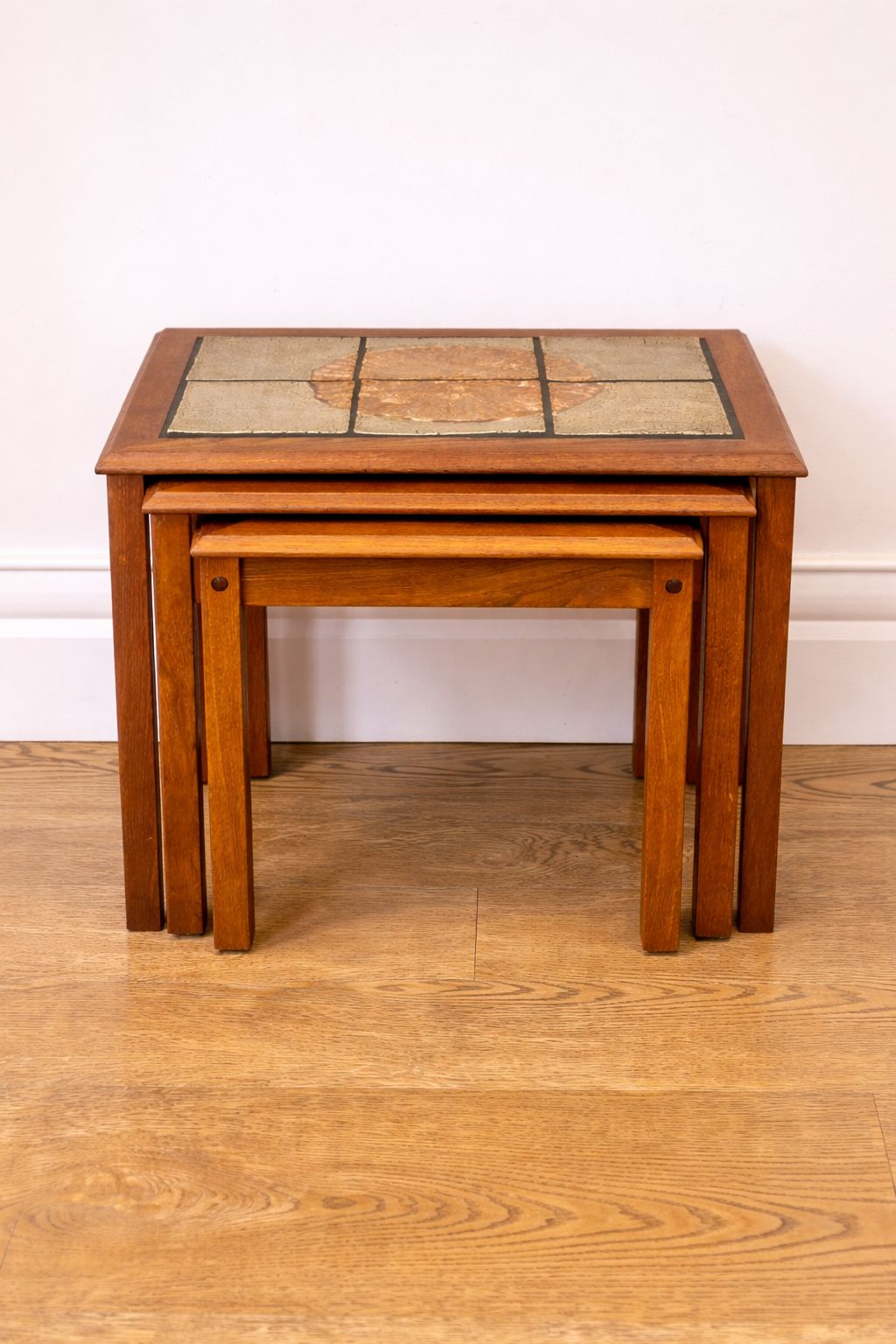 Mid Century Modern Trioh Nest Of Tables Teak With Mosaic Sunburst Top Danish photo furniture