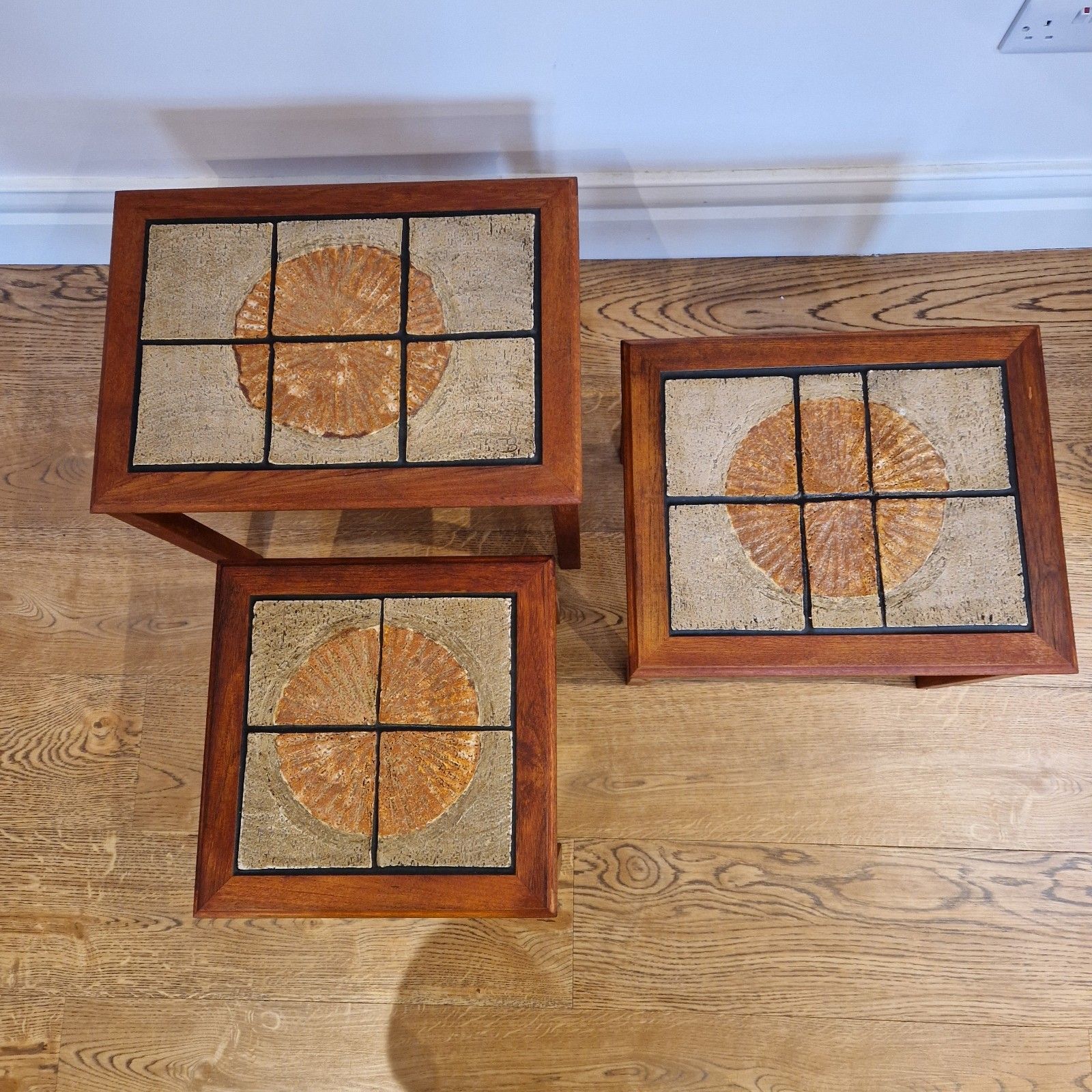 Mid Century Modern Trioh Nest Of Tables Teak With Mosaic Sunburst Top Danish photo vinterior