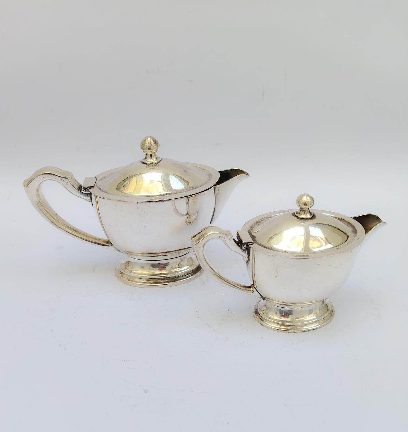 Pair Of Krupp Berendorf Art Deco Nickel Silver Teapots Or Gravy Boats, Giò Ponti Era photo for sale