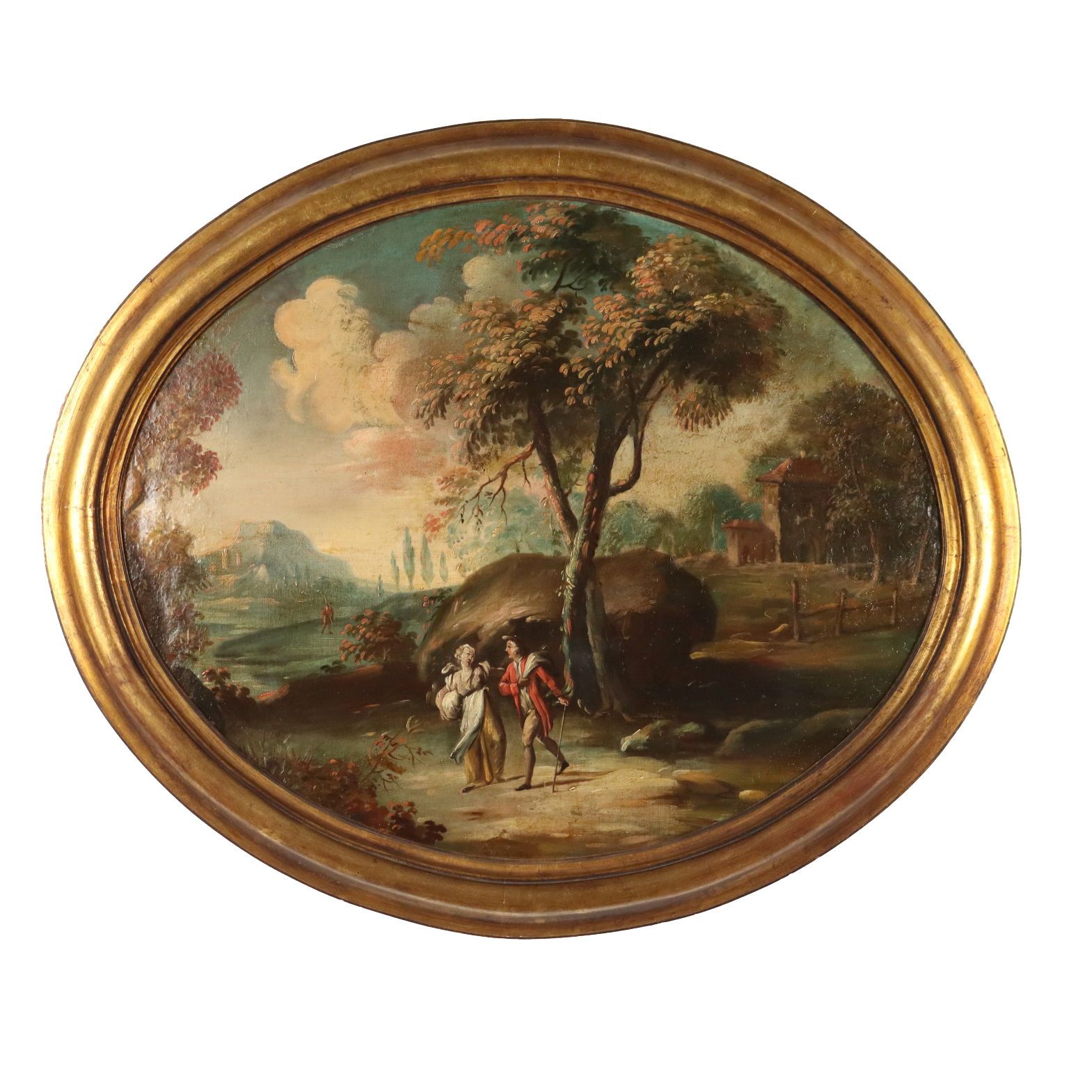 Oval Painting Landscape With Figures Oil On Canvas XIX XX Century photo furniture