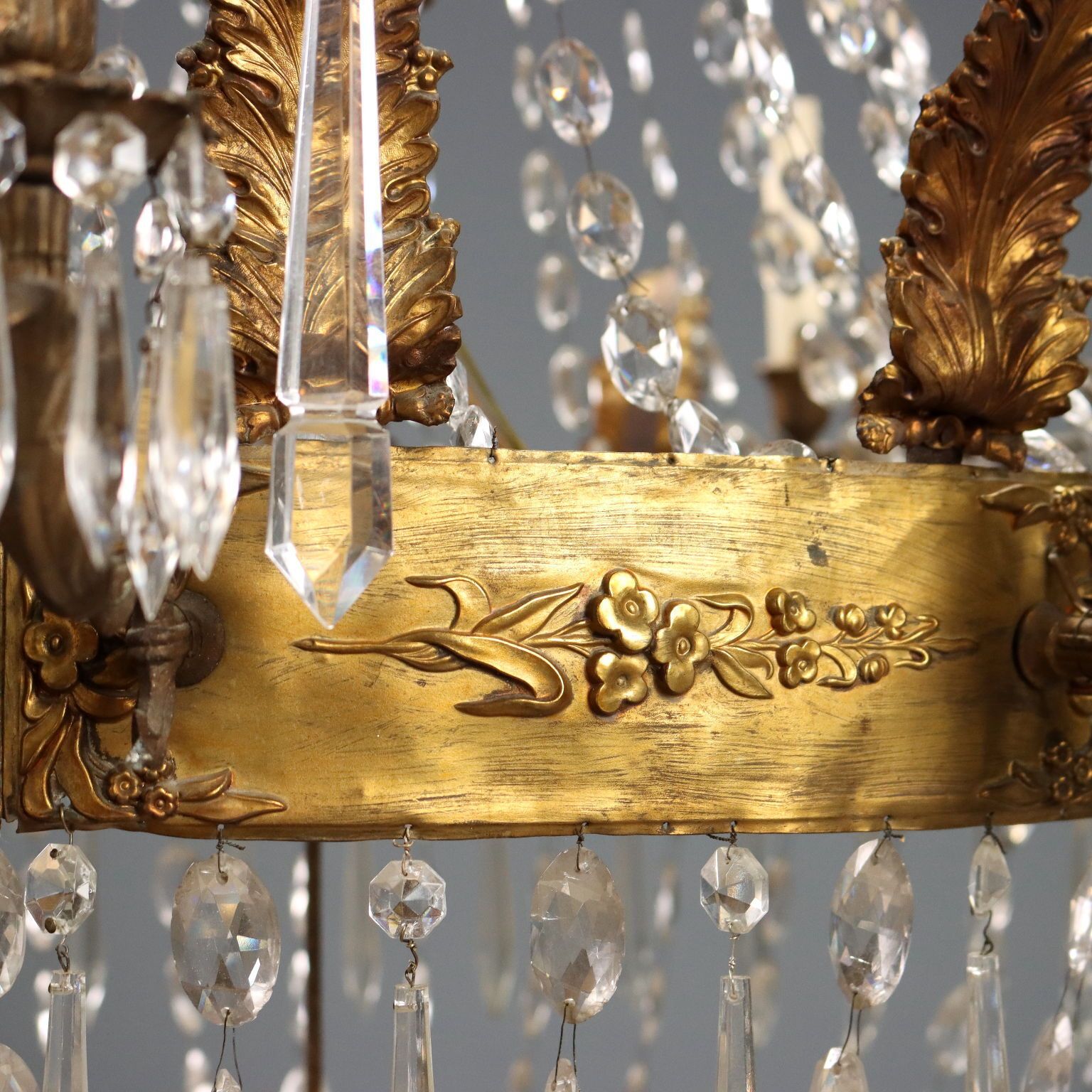 photo for sale Antique Balloon Shaped Chandelier Gilded Metal Glass XIX Century