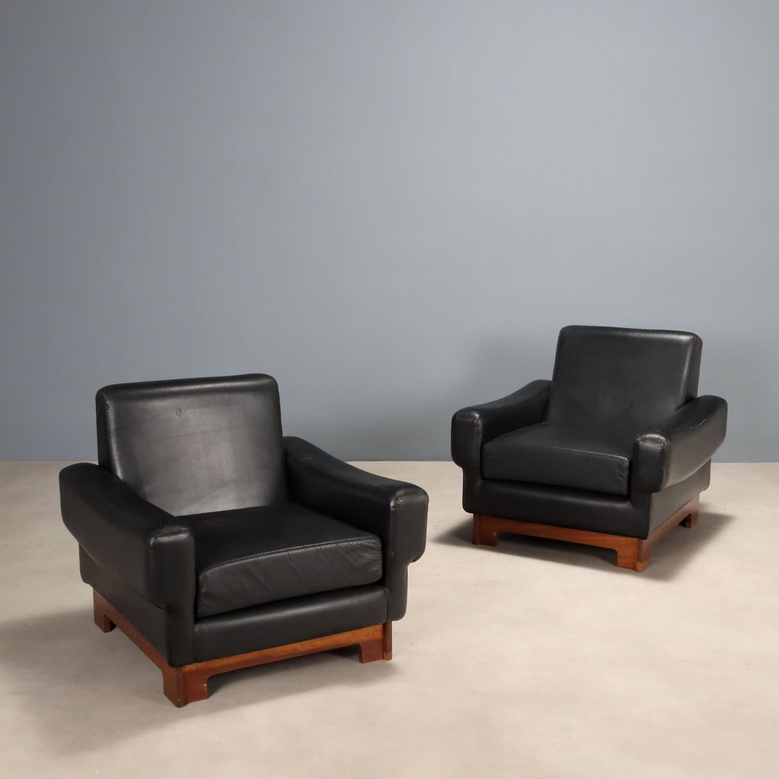 Vintage Armchairs Wood Leather Design Italy 1960s 1970s