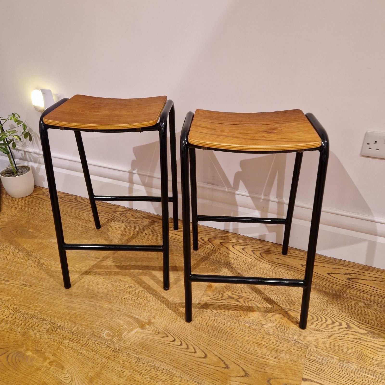 Vintage Restored Classroom Stools, Set Of 2, Industrial Metal & Wood photo for sale