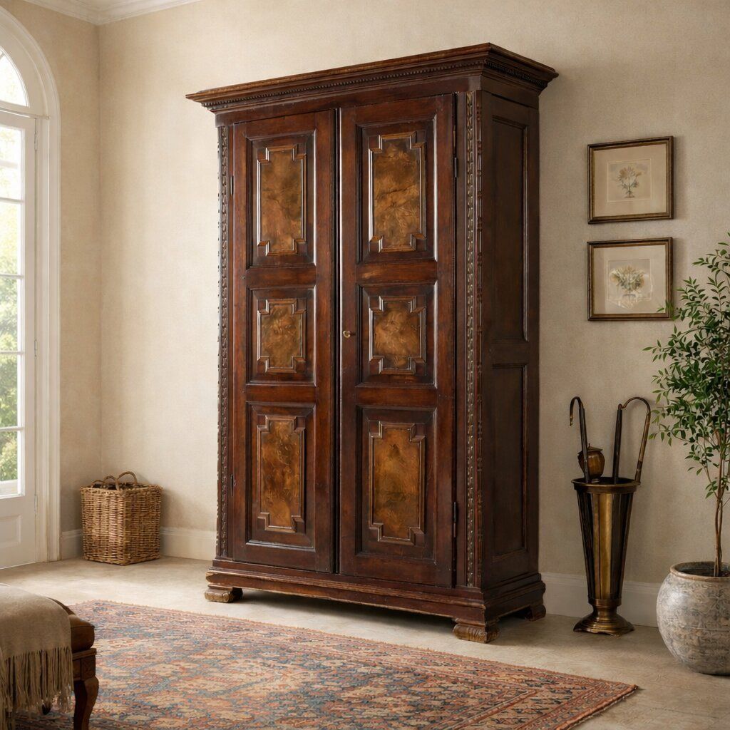 Antique Wardrobe Walnut Walnut Burl Italy Mid XIX Century photo furniture