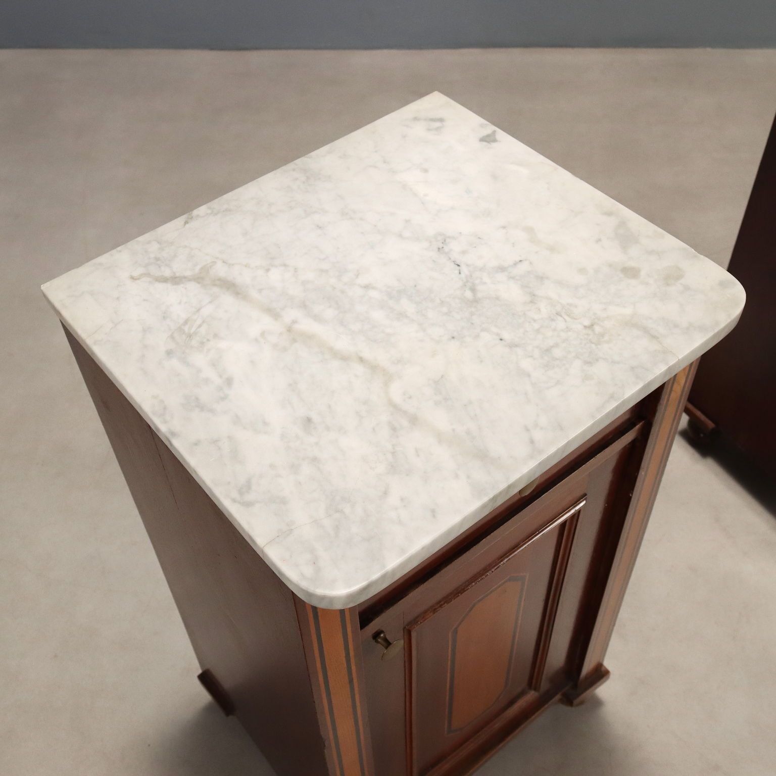 Antique Bedside Table Mahoganu Veneer White Marble XX Century photo vintage