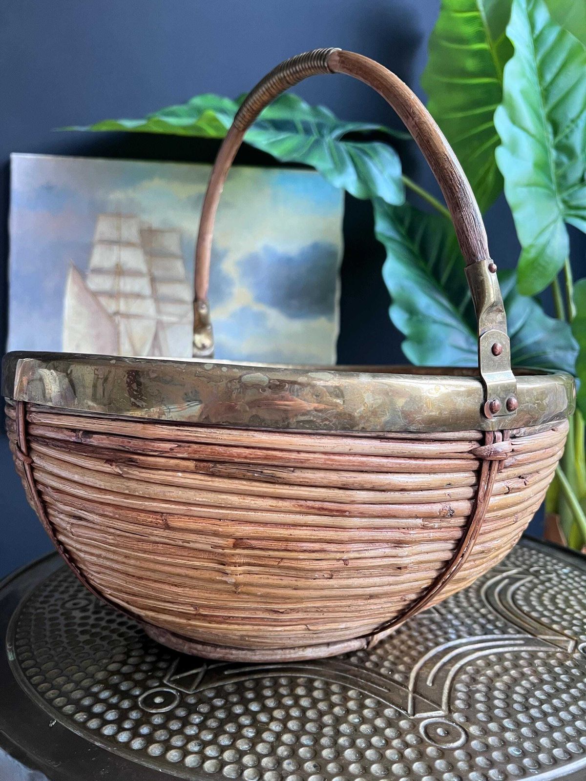 photo for sale Vintage 1960s Pencil Reed And Brass Basket, Gabriella Crespi Style Decor
