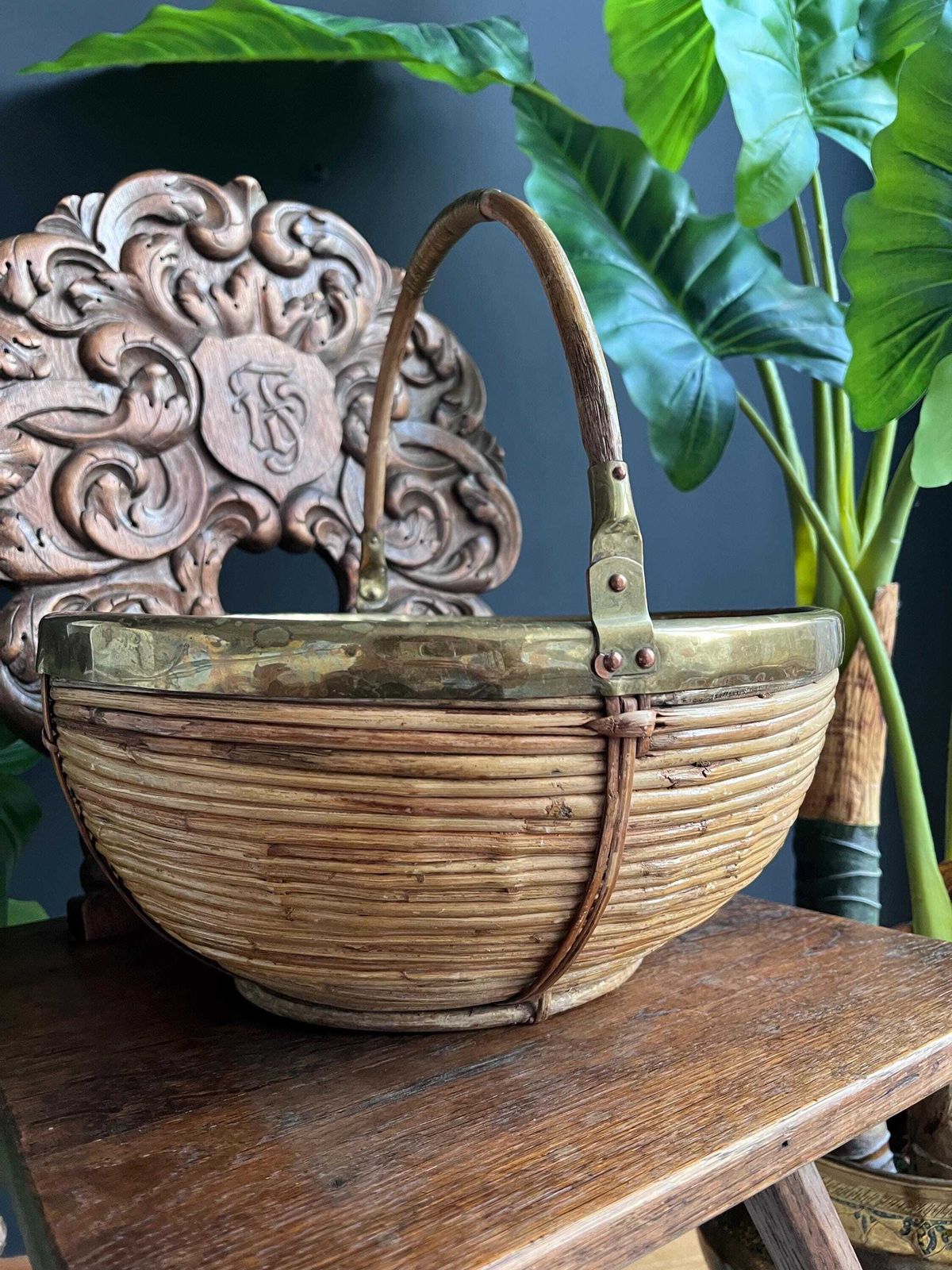 photo buy Vintage 1960s Pencil Reed And Brass Basket, Gabriella Crespi Style Decor