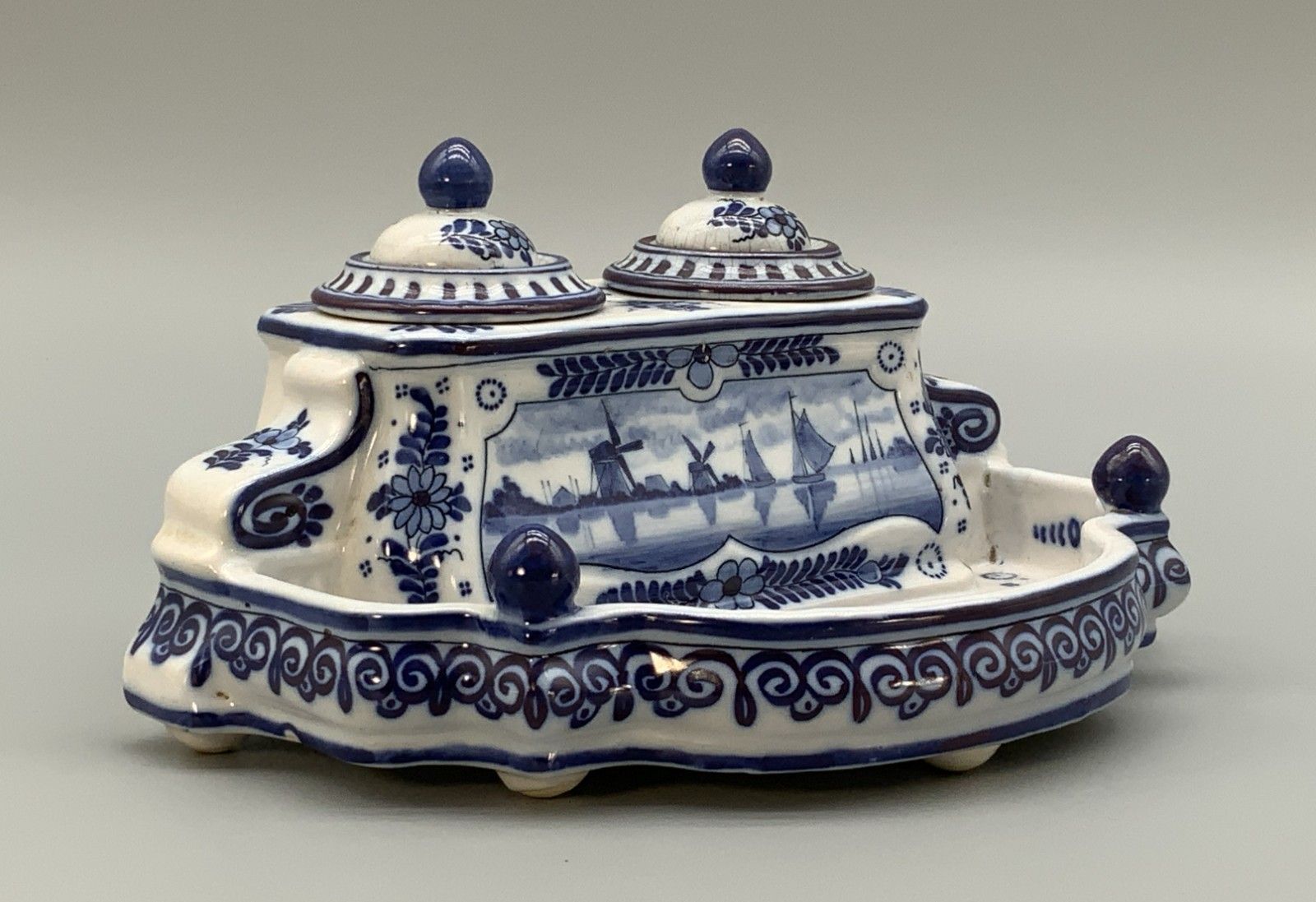 Dutch Delft Desktop Inkwell Stand Blue And White Faience Late 19th Century photo for sale