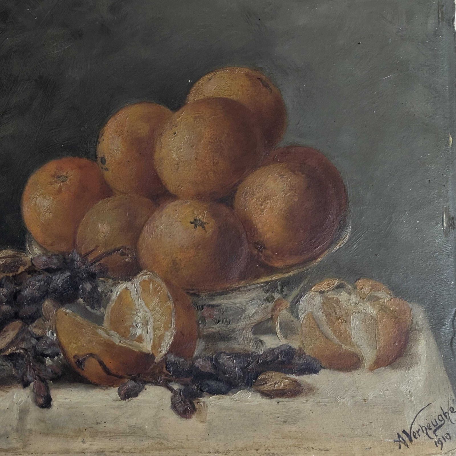 Antique 1910 Oil Painting Still Life, Dark Moody Fruit And Wine Art On Board, Signed A. Verheughe, Unframed Rustic Kitchen Decor photo 194.0