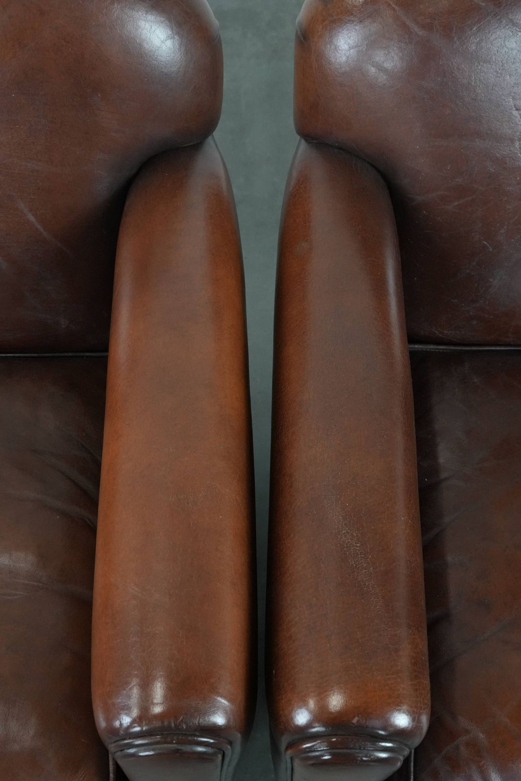 Set Of 2 Beautifully Shaped Sheep Leather Art Deco Design Armchairs With Timeless And Warm Colors photo vintage