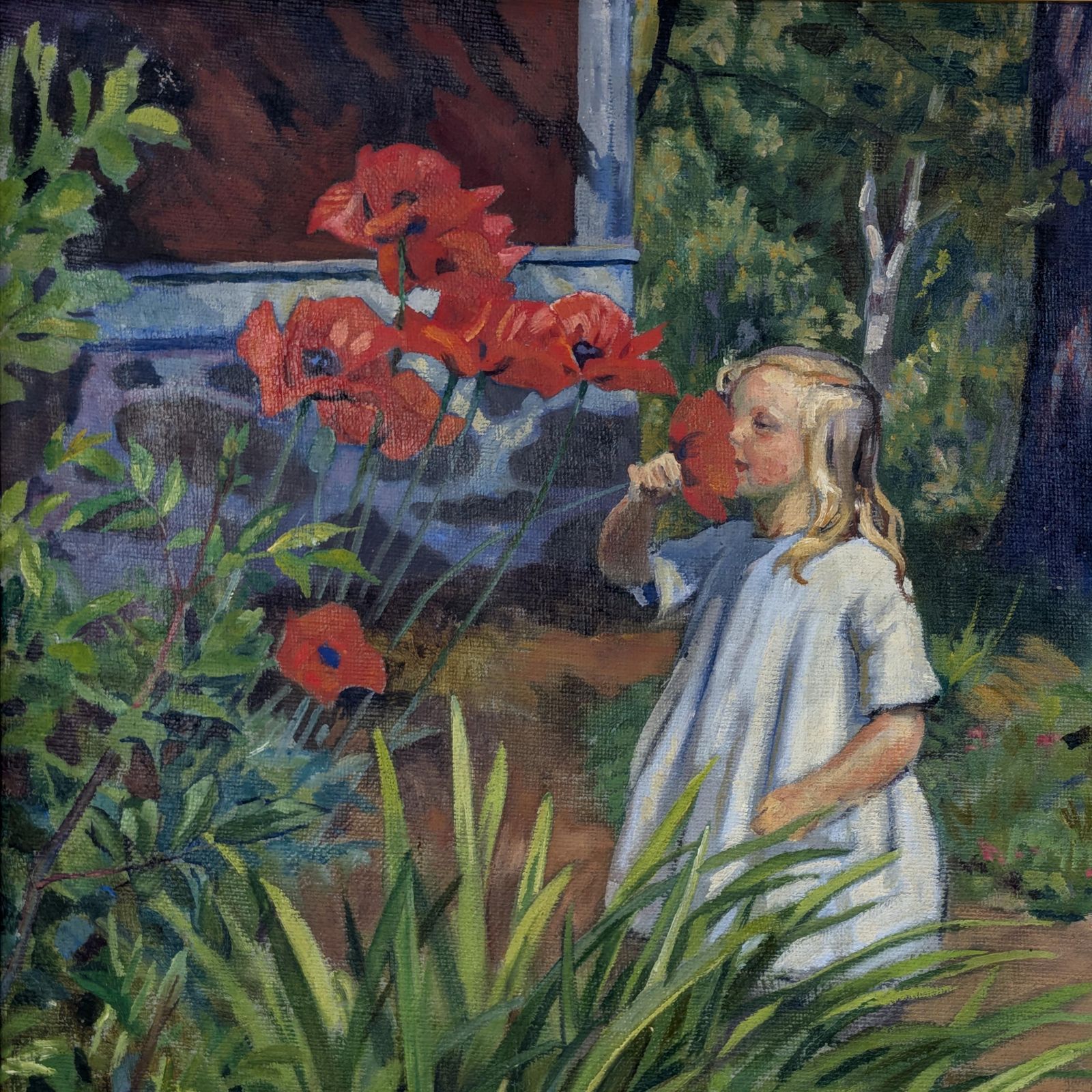 Einar Bager Oil Painting, Swedish Art 1923, Framed Antique Garden Scene, Red Poppies Canvas, Early 20th Century Signed Artwork photo furniture