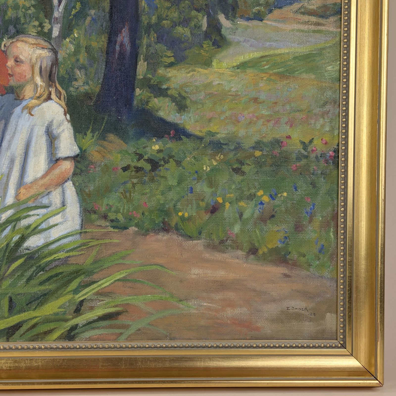 Einar Bager Oil Painting, Swedish Art 1923, Framed Antique Garden Scene, Red Poppies Canvas, Early 20th Century Signed Artwork photo vinterior
