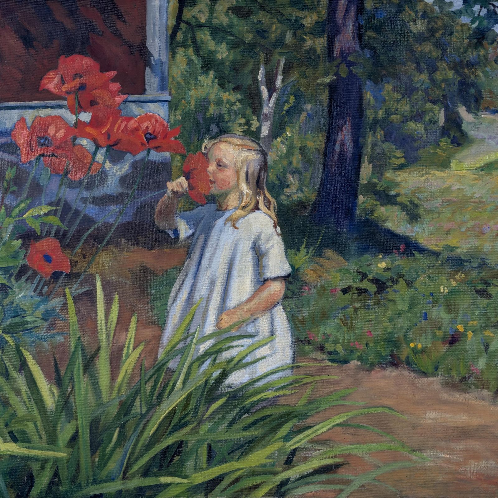 photo for sale Einar Bager Oil Painting, Swedish Art 1923, Framed Antique Garden Scene, Red Poppies Canvas, Early 20th Century Signed Artwork