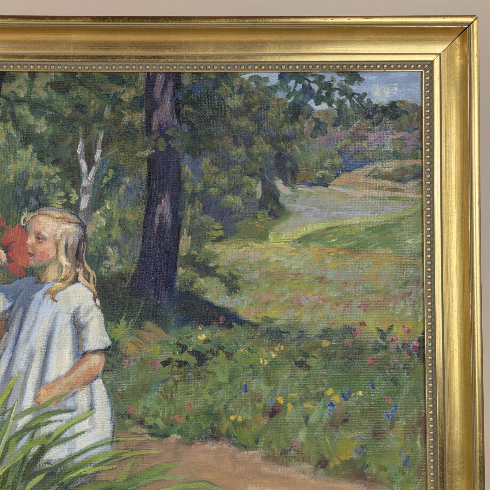 Art Einar Bager Oil Painting, Swedish Art 1923, Framed Antique Garden Scene, Red Poppies Canvas, Early 20th Century Signed Artwork photo