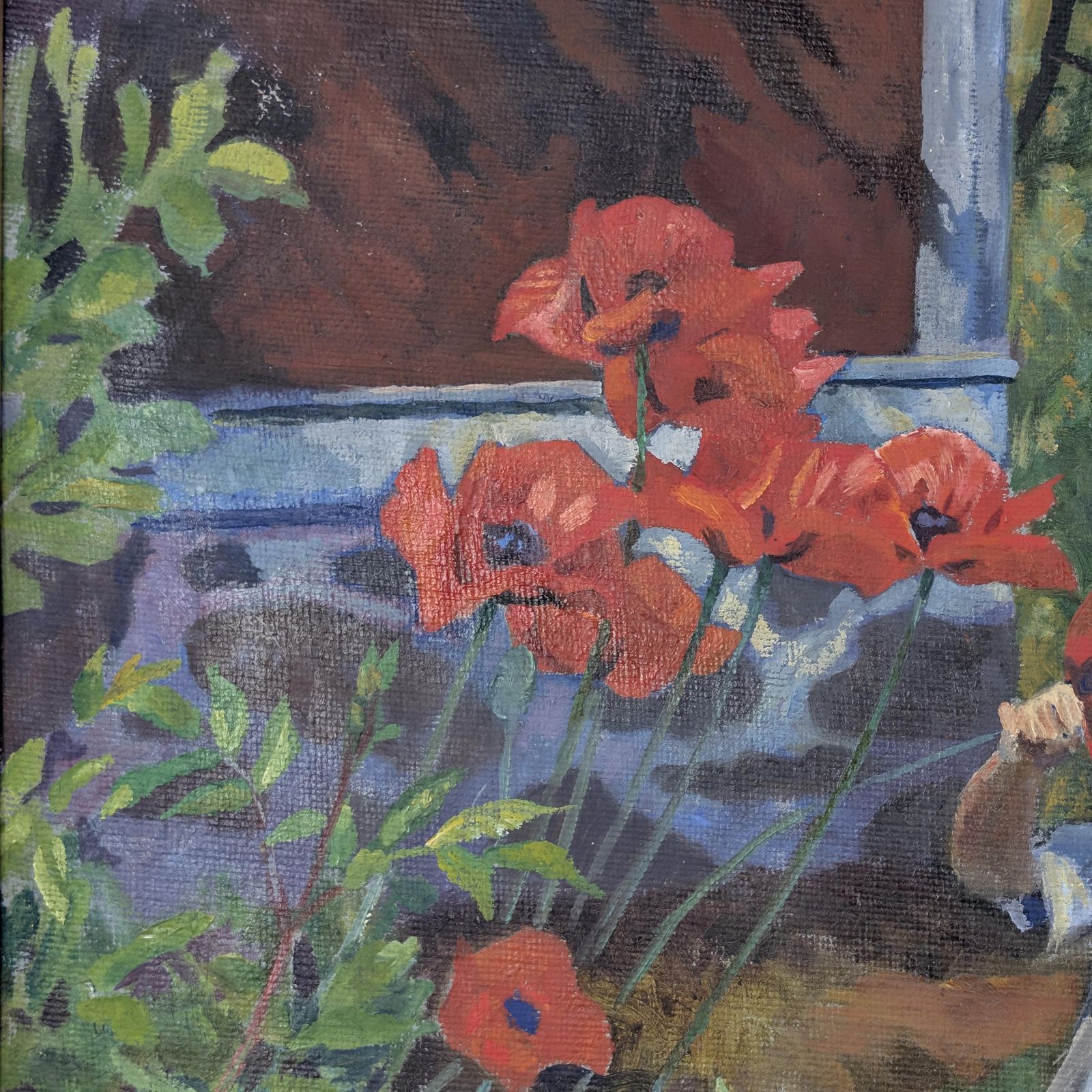 photo vinterior Einar Bager Oil Painting, Swedish Art 1923, Framed Antique Garden Scene, Red Poppies Canvas, Early 20th Century Signed Artwork
